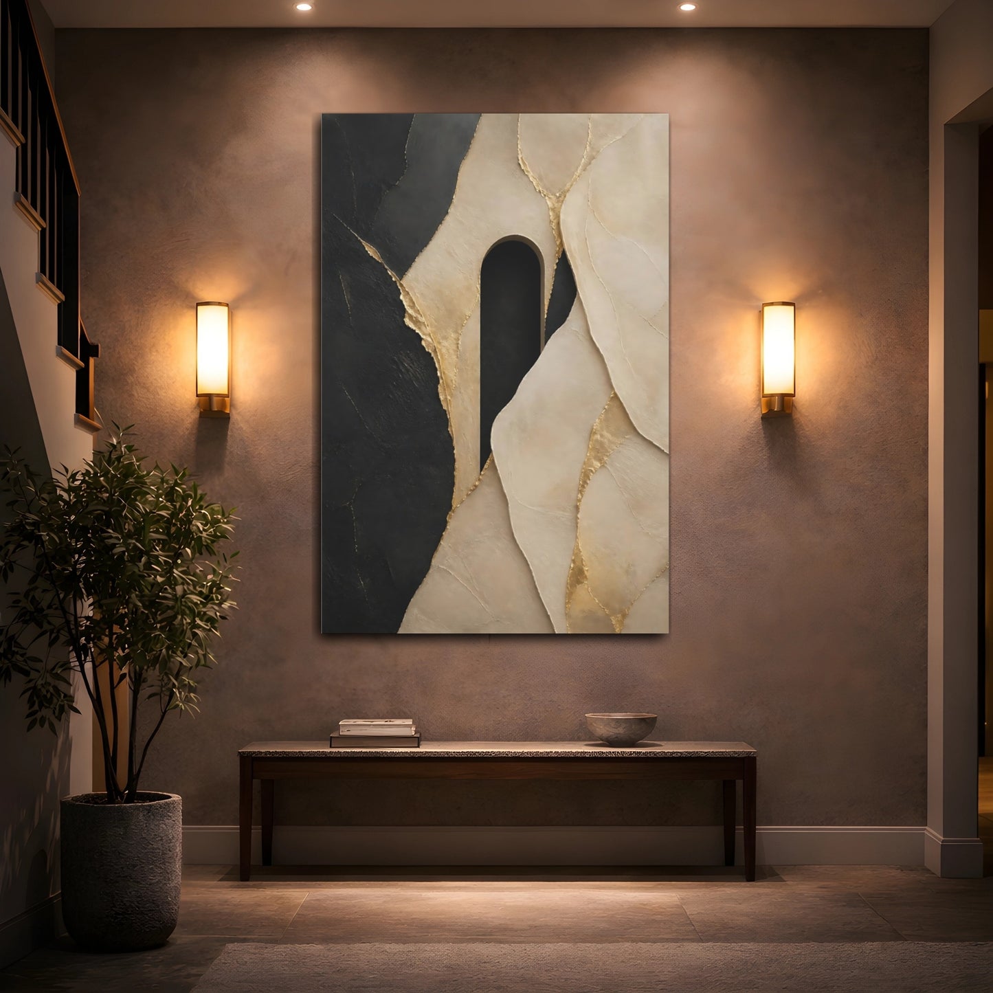 Mockup 2. Abstract Abstract Shapes Black Gold Beige shown as stretched canvas wall art