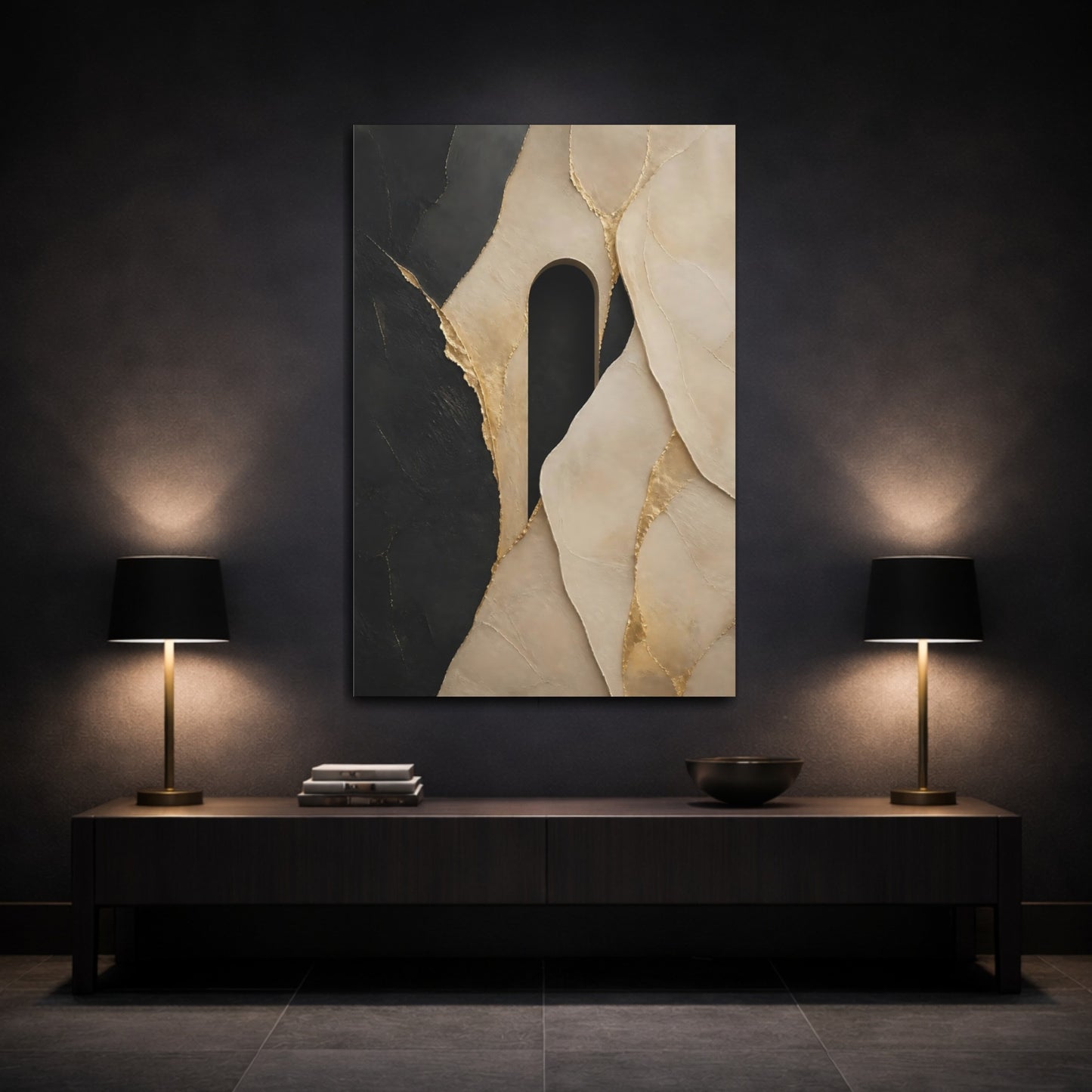 Mockup 3. Abstract Abstract Shapes Black Gold Beige shown as stretched canvas wall art