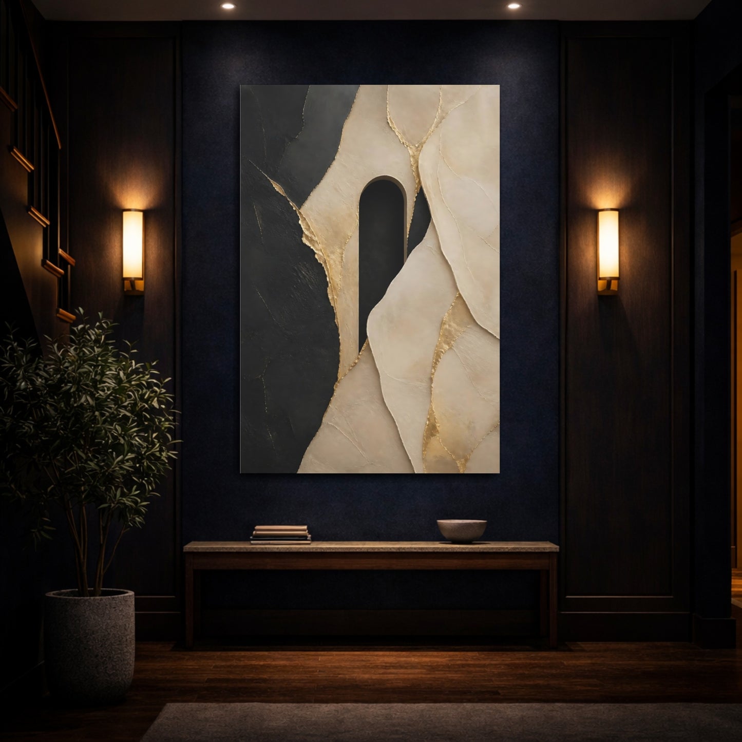 Mockup 4. Abstract Abstract Shapes Black Gold Beige shown as stretched canvas wall art