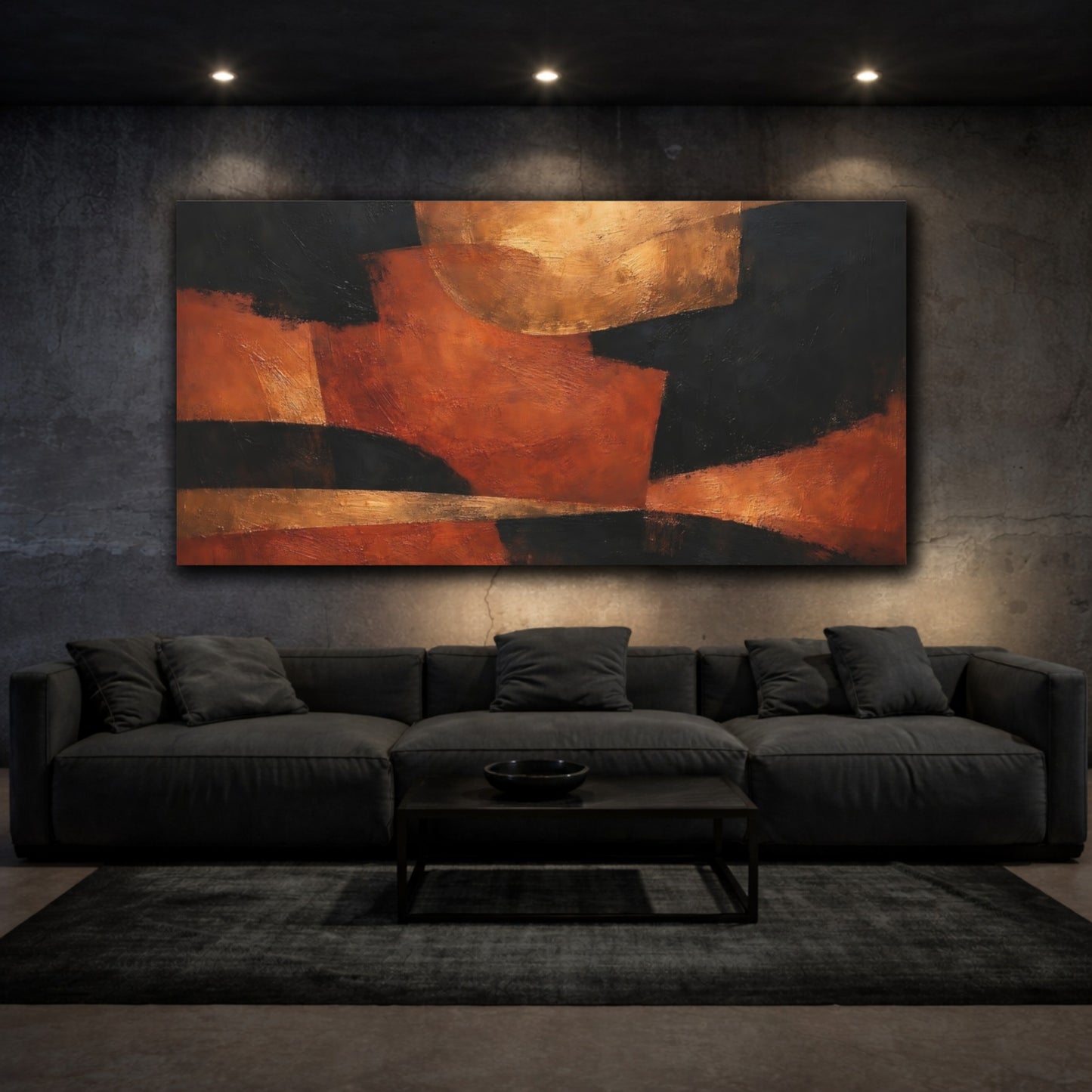 Mockup 2. Abstract Abstract Shapes Black Orange Gold Abstract shown as stretched canvas wall art