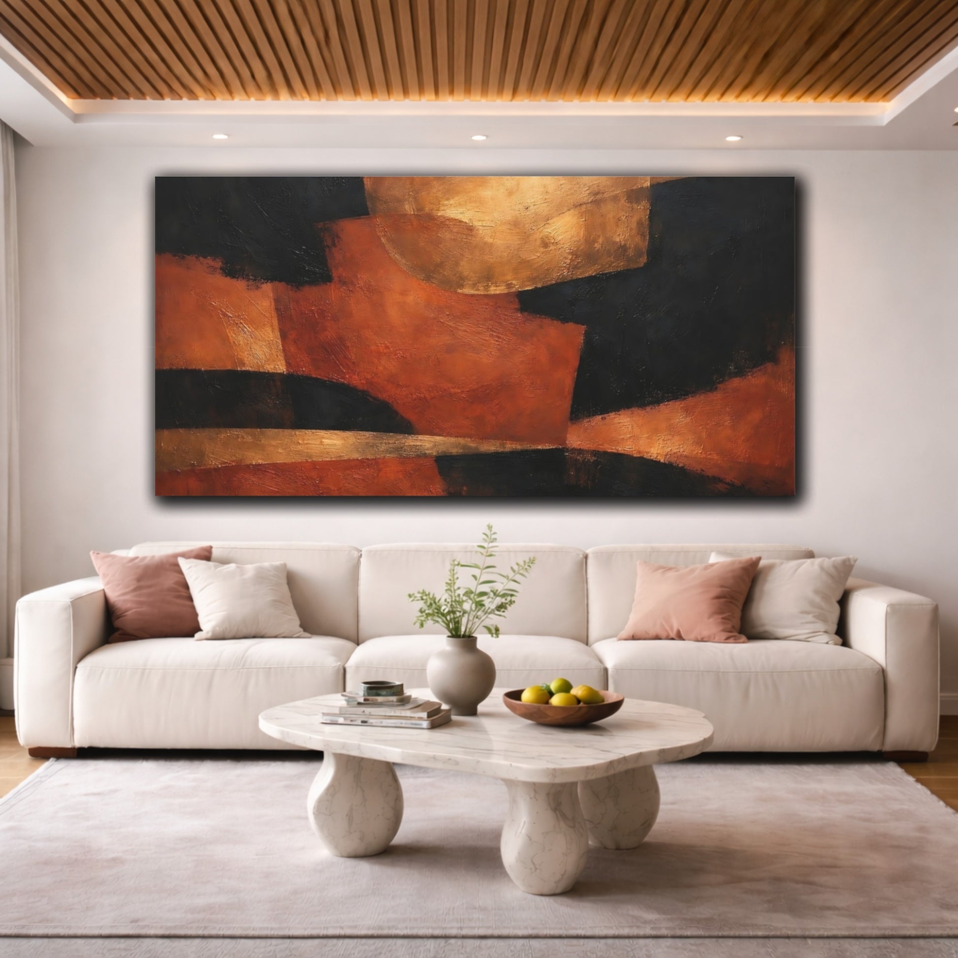 Mockup 3. Abstract Abstract Shapes Black Orange Gold Abstract shown as stretched canvas wall art