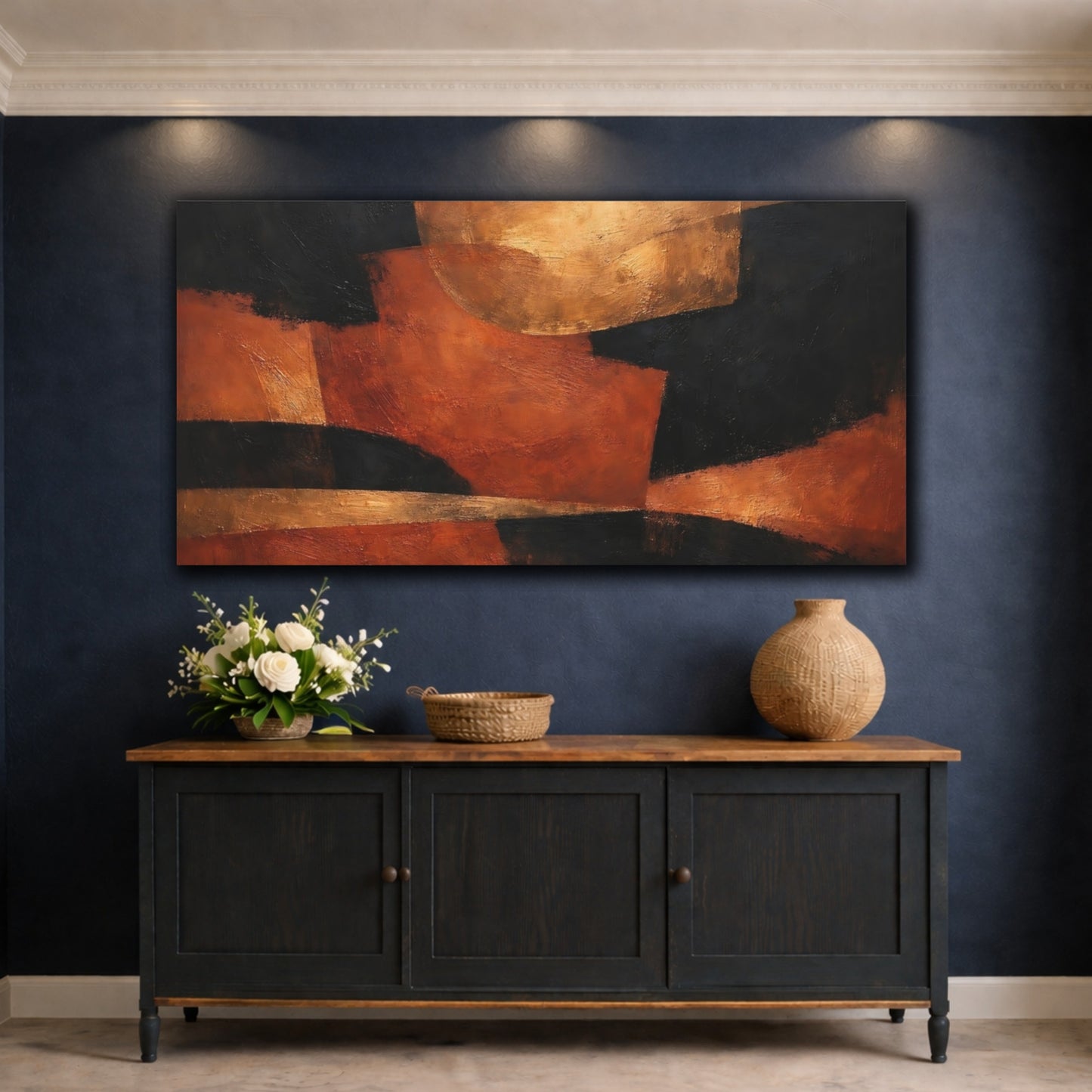 Mockup 4. Abstract Abstract Shapes Black Orange Gold Abstract shown as stretched canvas wall art