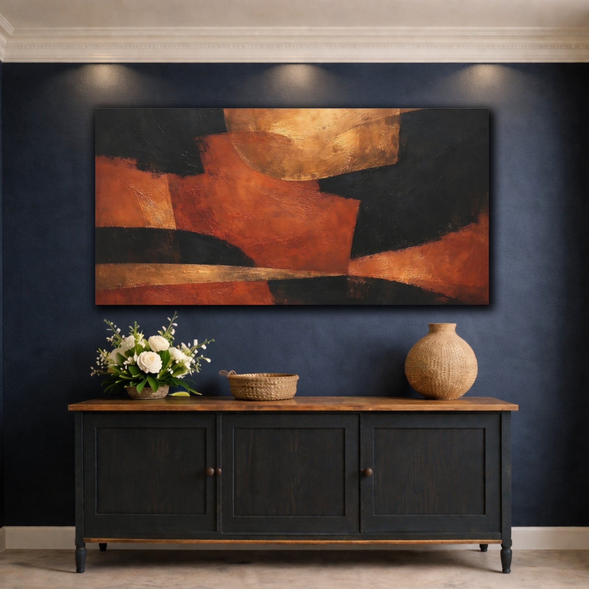 Mockup 4. Abstract Abstract Shapes Black Orange Gold Abstract shown as stretched canvas wall art