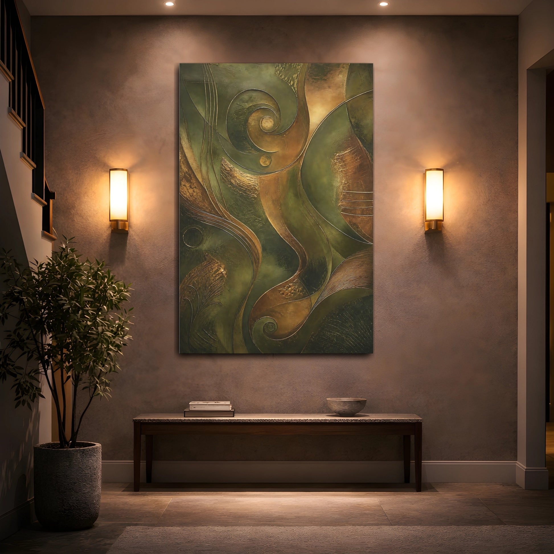 Mockup 2. Abstract Abstract Shapes Bronze Green Abstract shown as stretched canvas wall art