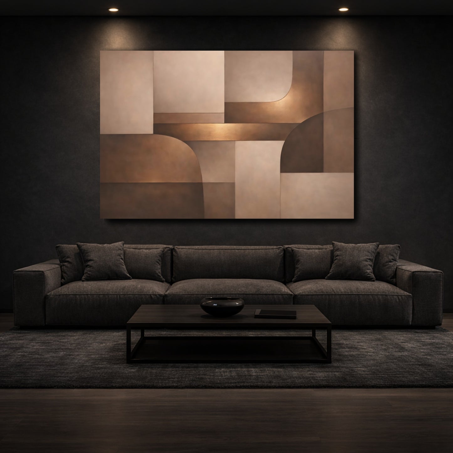 Mockup 2. Abstract Abstract Shapes Brown And Bronze shown as stretched canvas wall art