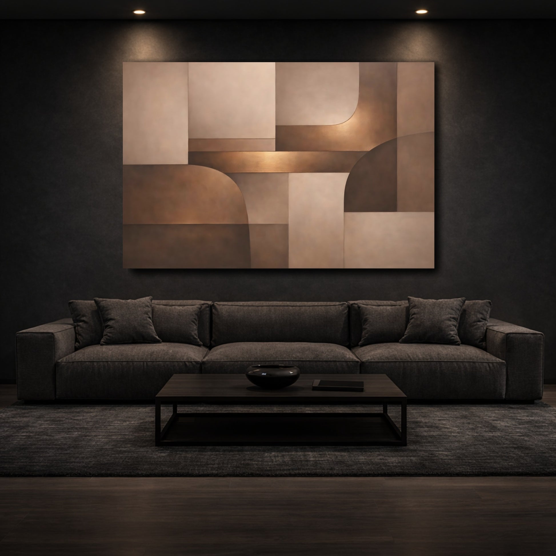 Mockup 2. Abstract Abstract Shapes Brown And Bronze shown as stretched canvas wall art