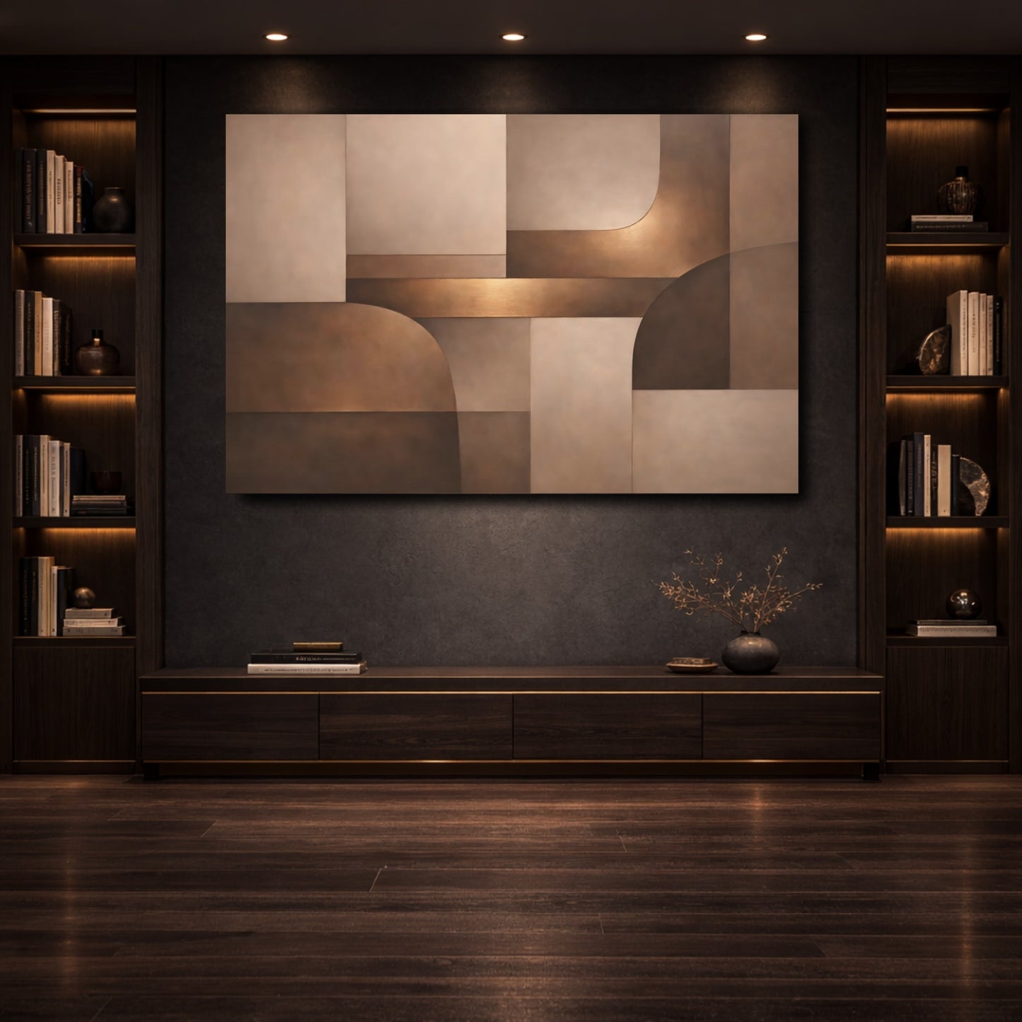 Mockup 3. Abstract Abstract Shapes Brown And Bronze shown as stretched canvas wall art