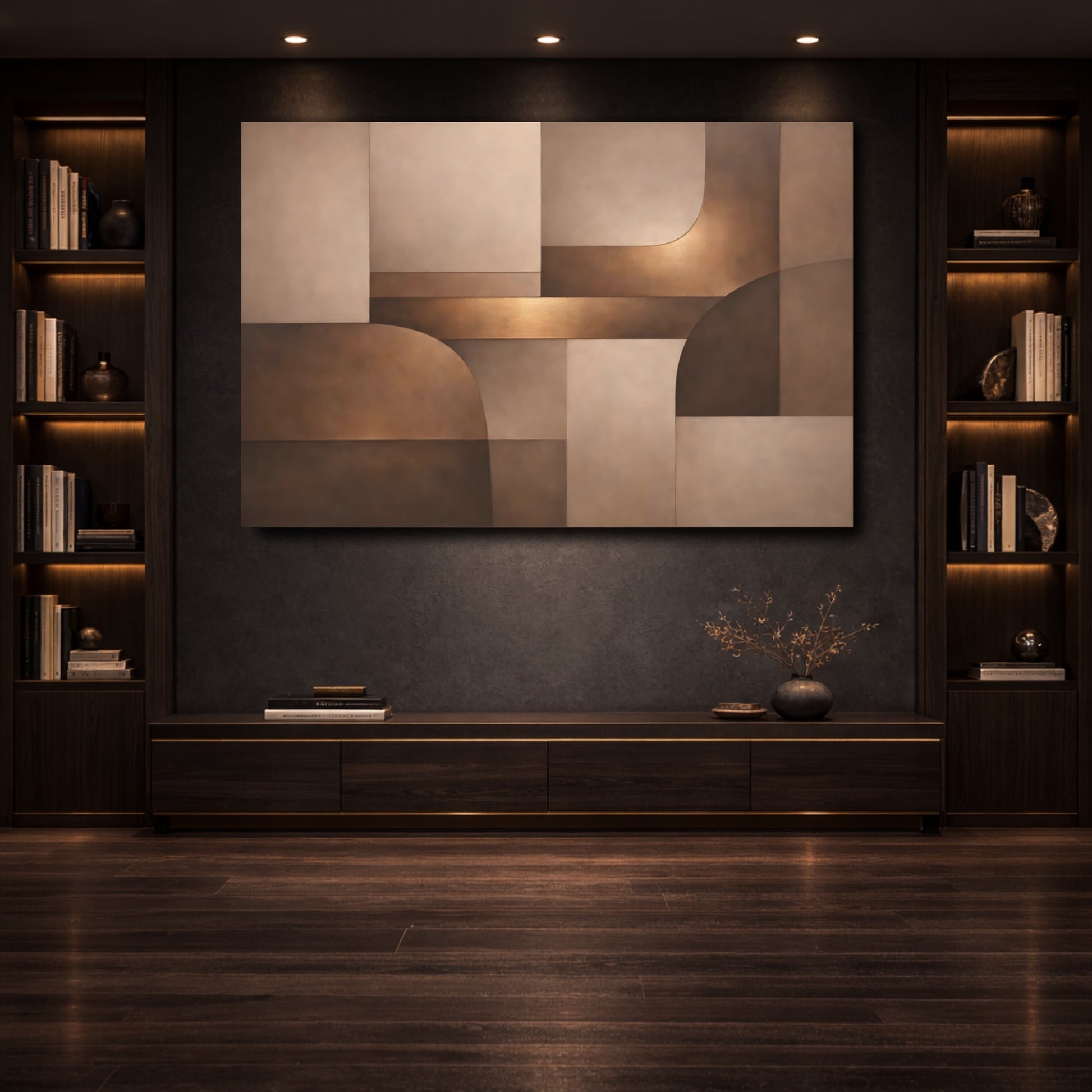 Mockup 3. Abstract Abstract Shapes Brown And Bronze shown as stretched canvas wall art