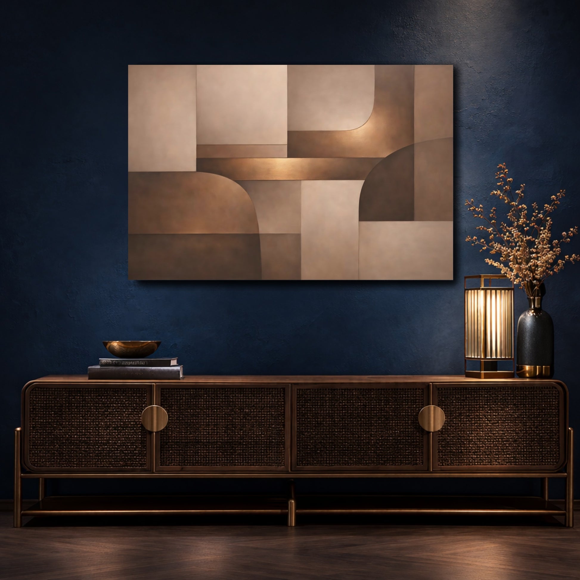 Mockup 4. Abstract Abstract Shapes Brown And Bronze shown as stretched canvas wall art