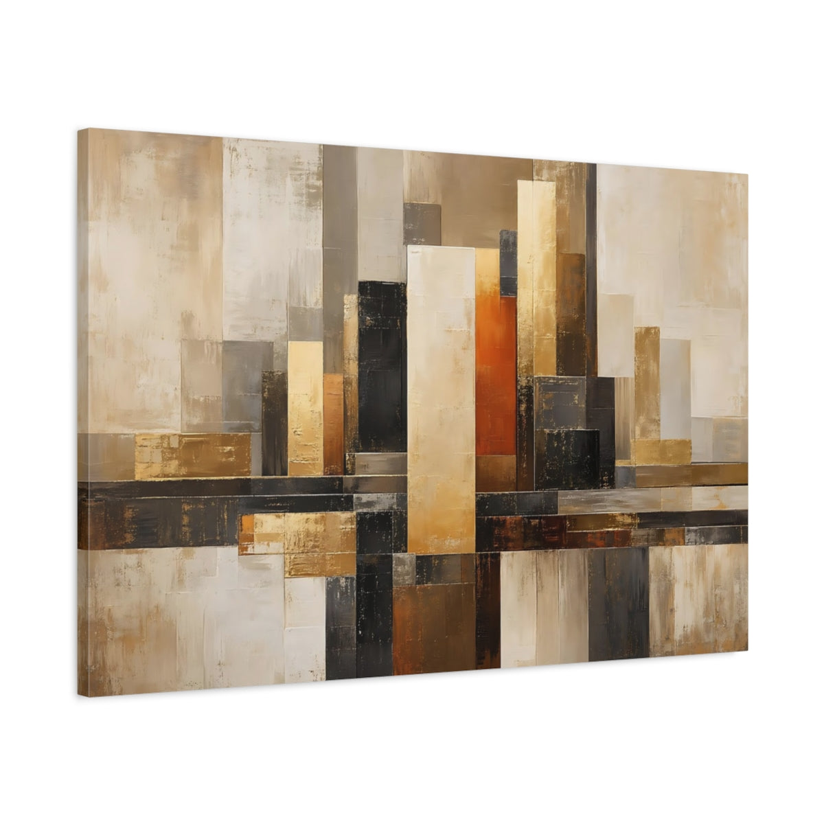 Main Mockup. Abstract Abstract Shapes Brown And Gold Abstract shown as stretched canvas wall art