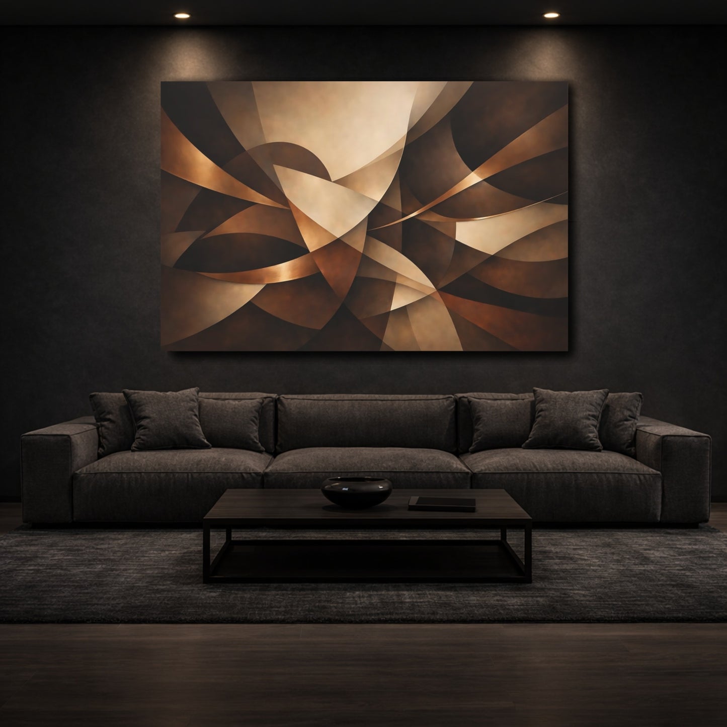 Mockup 2. Abstract Abstract Shapes Brown And Gold Abstract shown as stretched canvas wall art