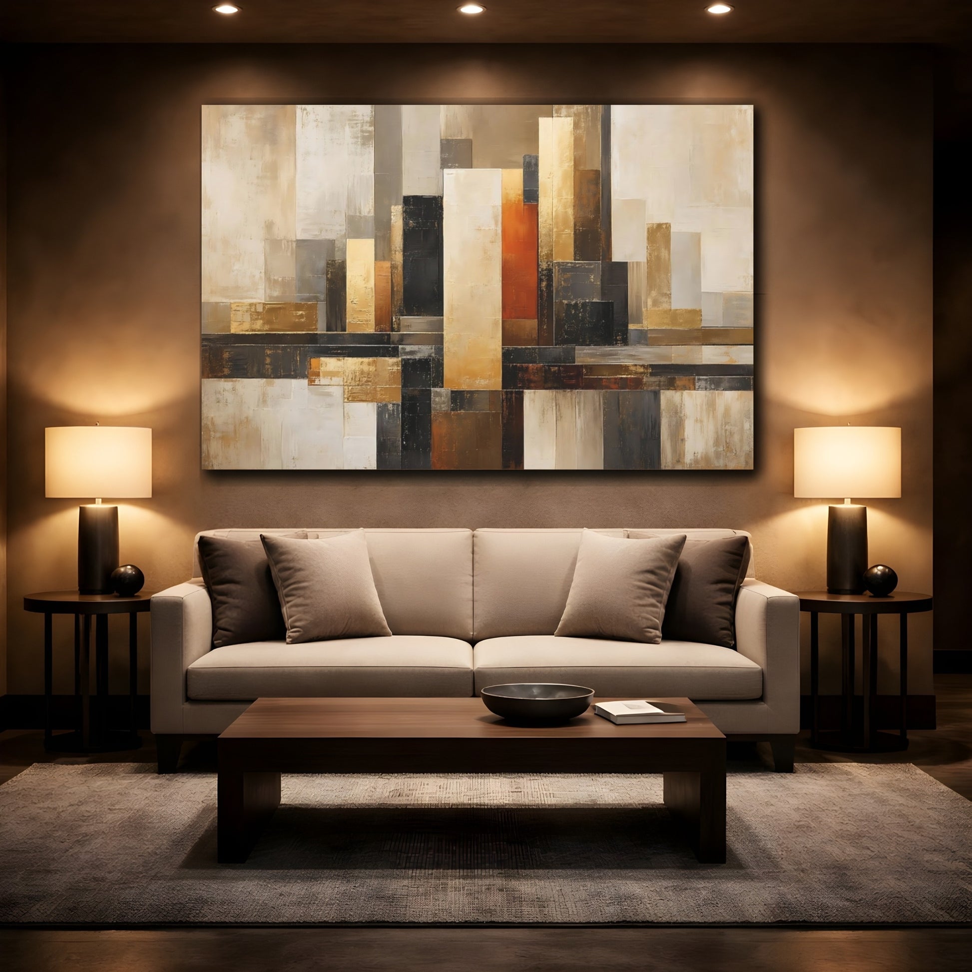 Mockup 2. Abstract Abstract Shapes Brown And Gold Abstract shown as stretched canvas wall art