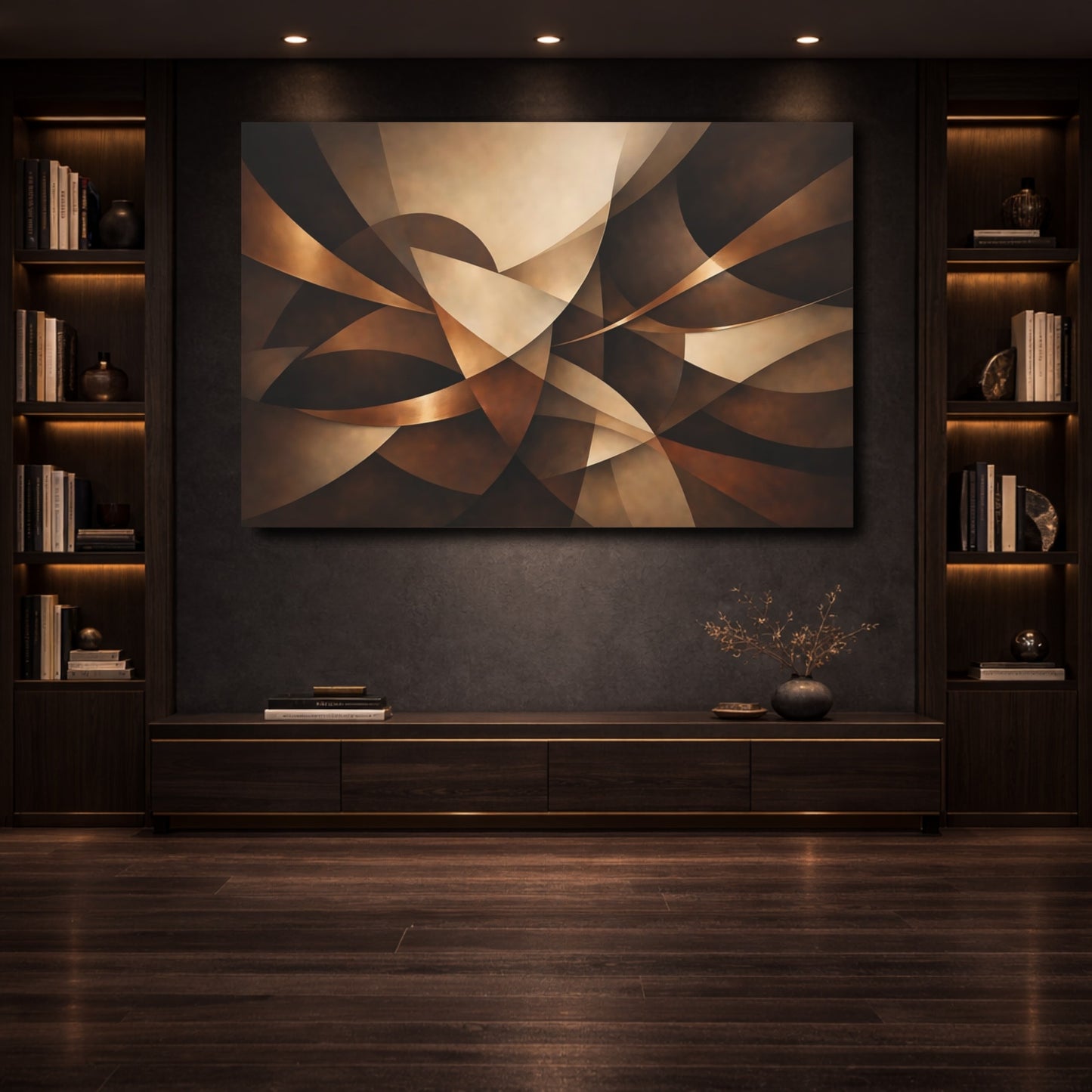 Mockup 3. Abstract Abstract Shapes Brown And Gold Abstract shown as stretched canvas wall art