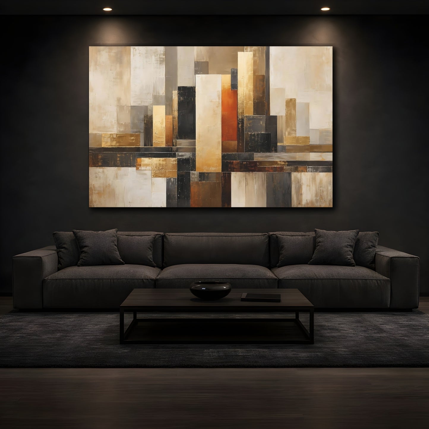 Mockup 3. Abstract Abstract Shapes Brown And Gold Abstract shown as stretched canvas wall art
