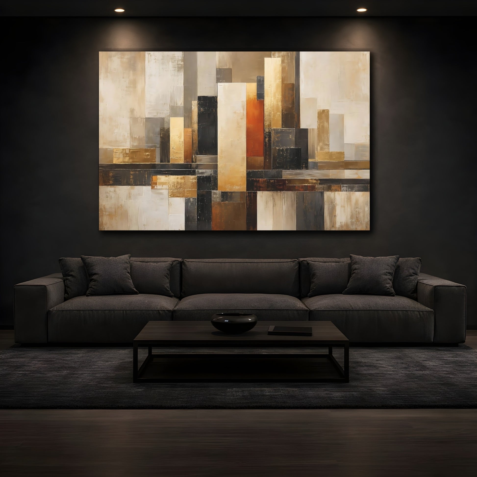 Mockup 3. Abstract Abstract Shapes Brown And Gold Abstract shown as stretched canvas wall art