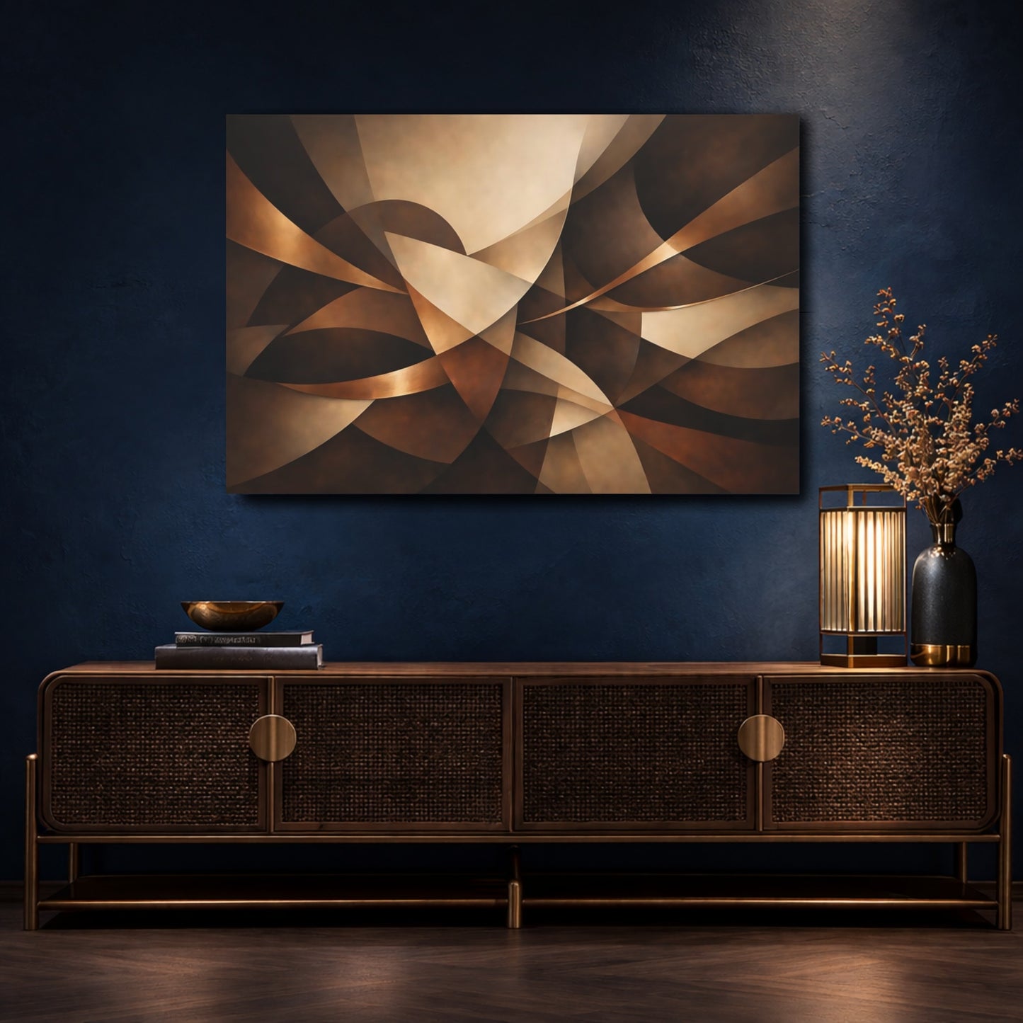 Mockup 4. Abstract Abstract Shapes Brown And Gold Abstract shown as stretched canvas wall art
