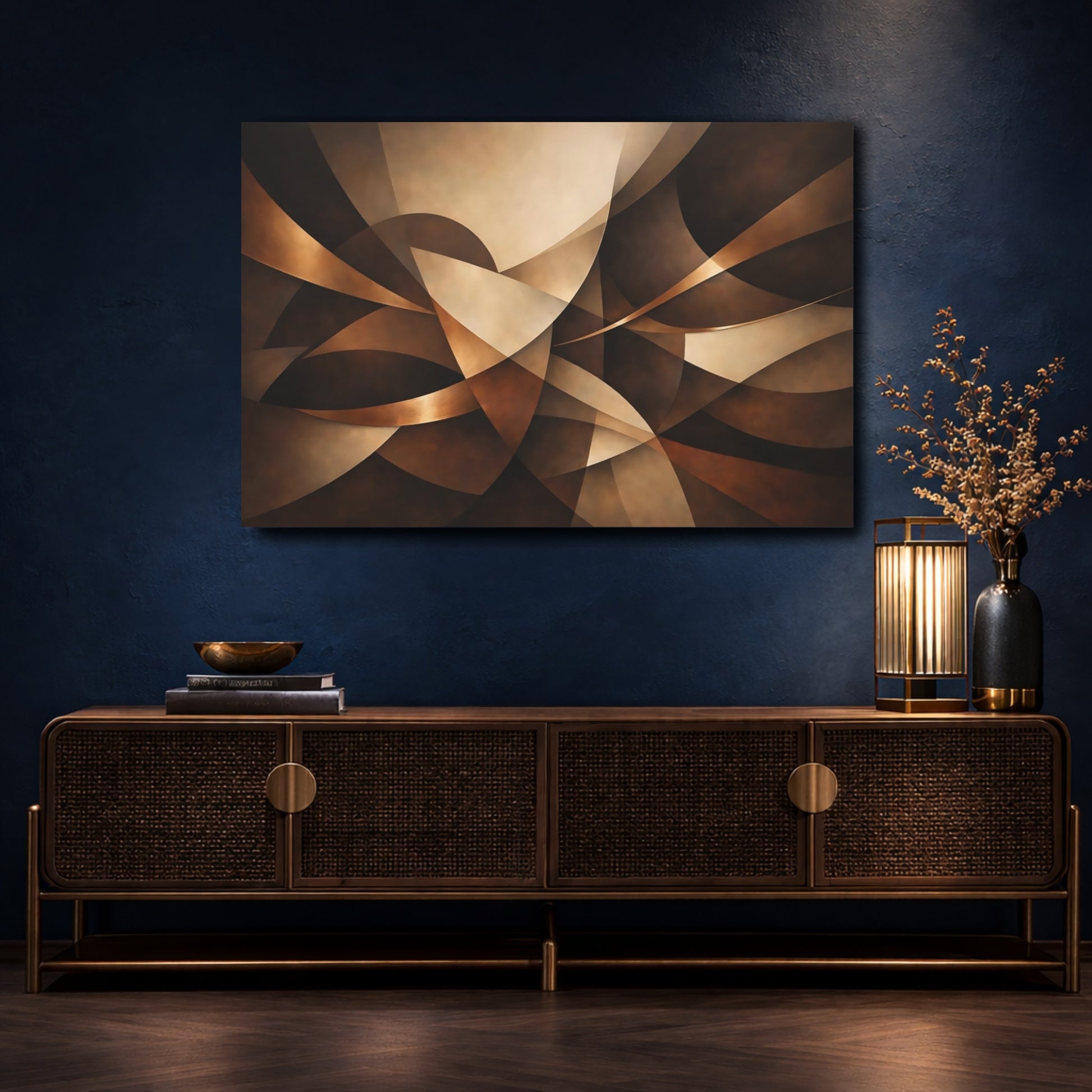 Mockup 4. Abstract Abstract Shapes Brown And Gold Abstract shown as stretched canvas wall art
