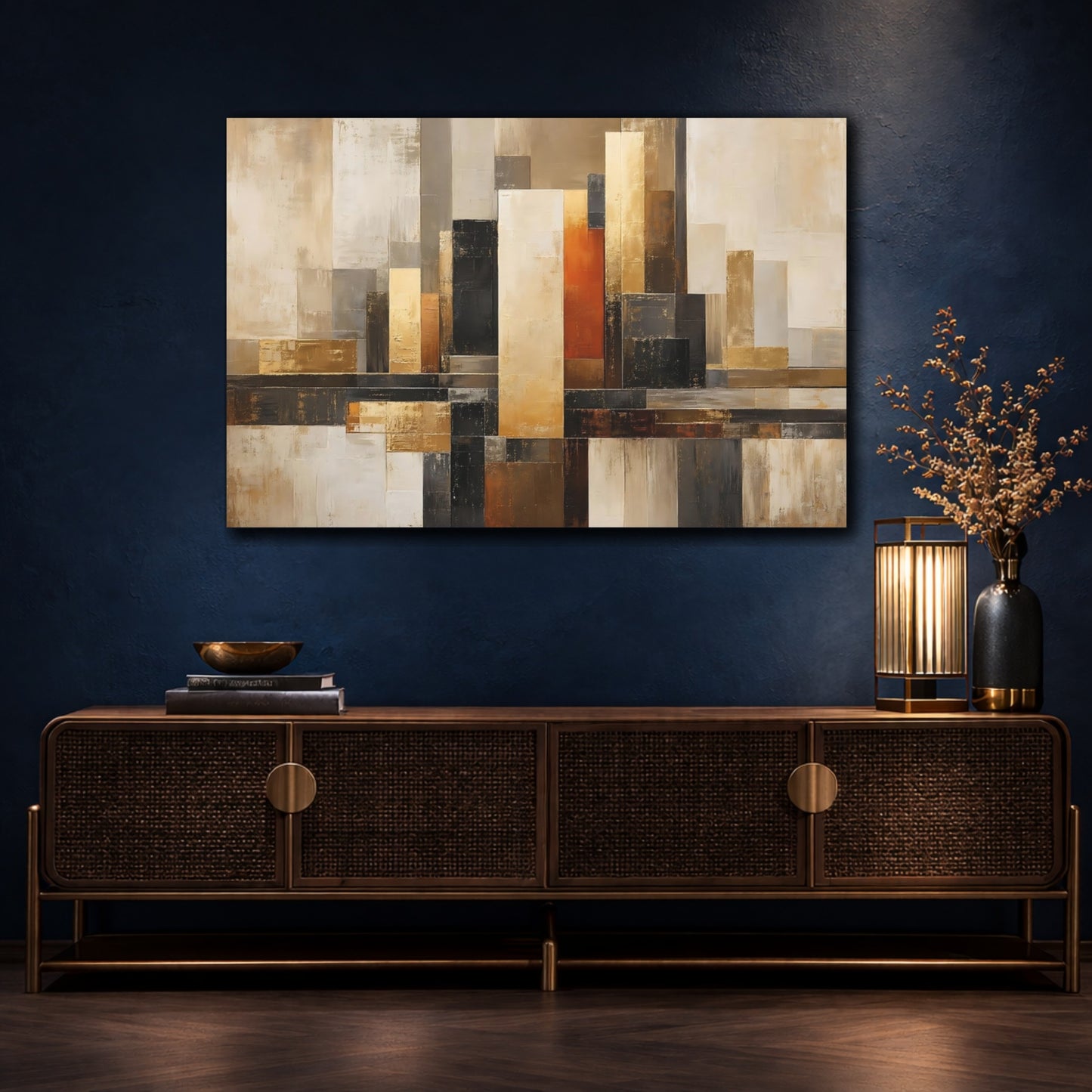 Mockup 4. Abstract Abstract Shapes Brown And Gold Abstract shown as stretched canvas wall art