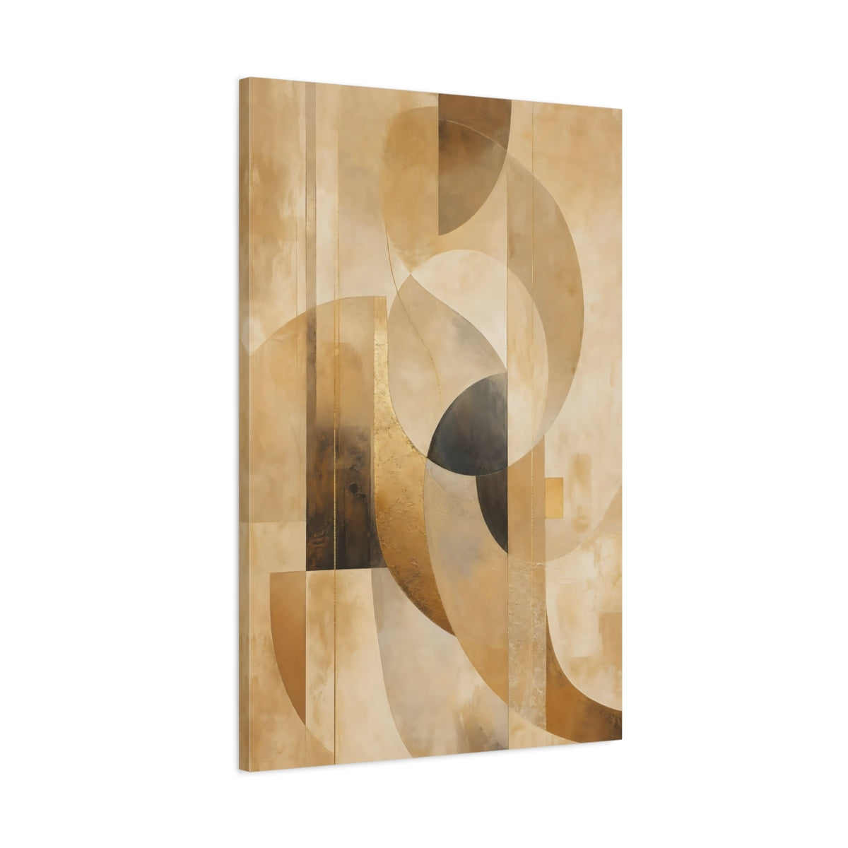 Main Mockup. Abstract Abstract Shapes Brown And Gold shown as stretched canvas wall art