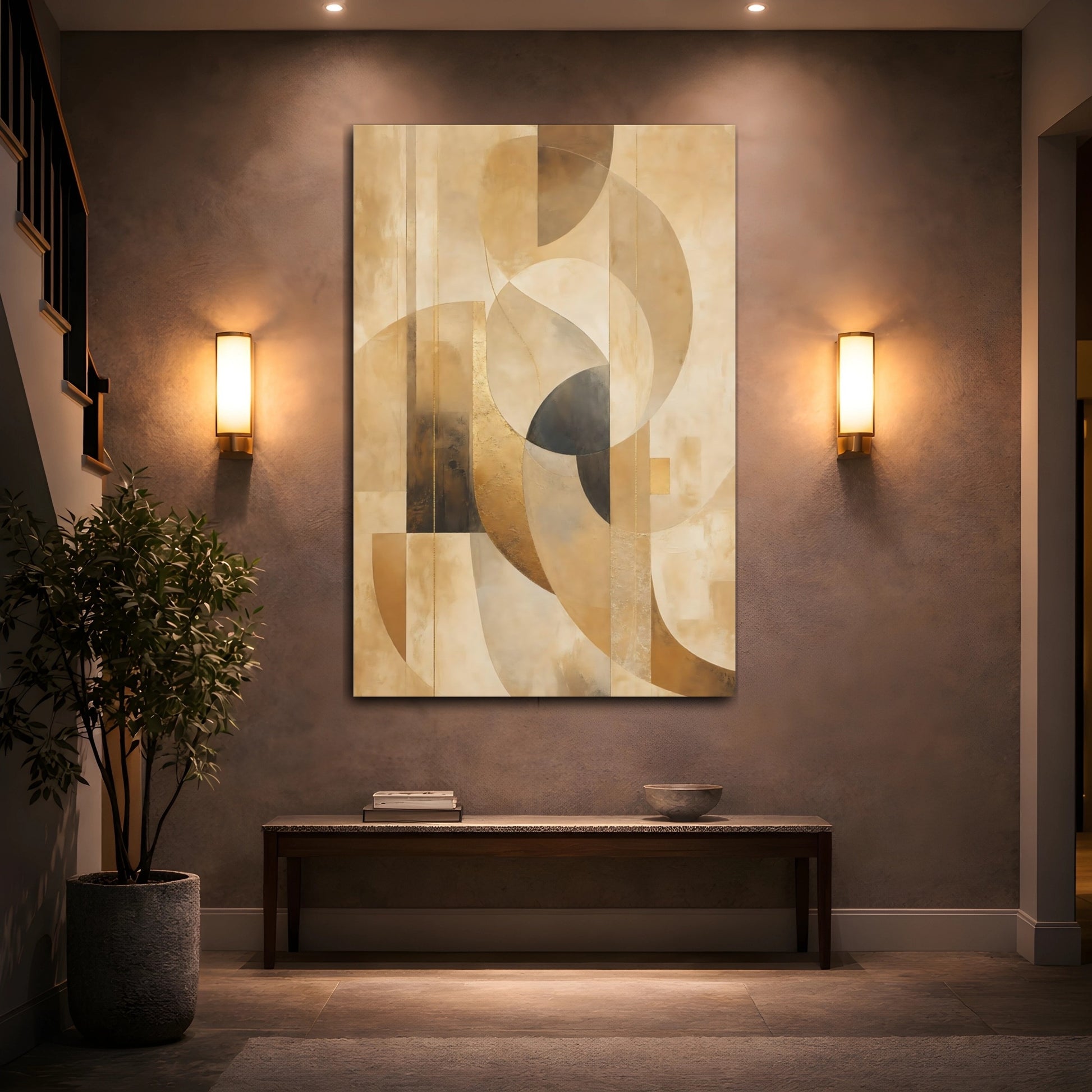 Mockup 2. Abstract Abstract Shapes Brown And Gold shown as stretched canvas wall art