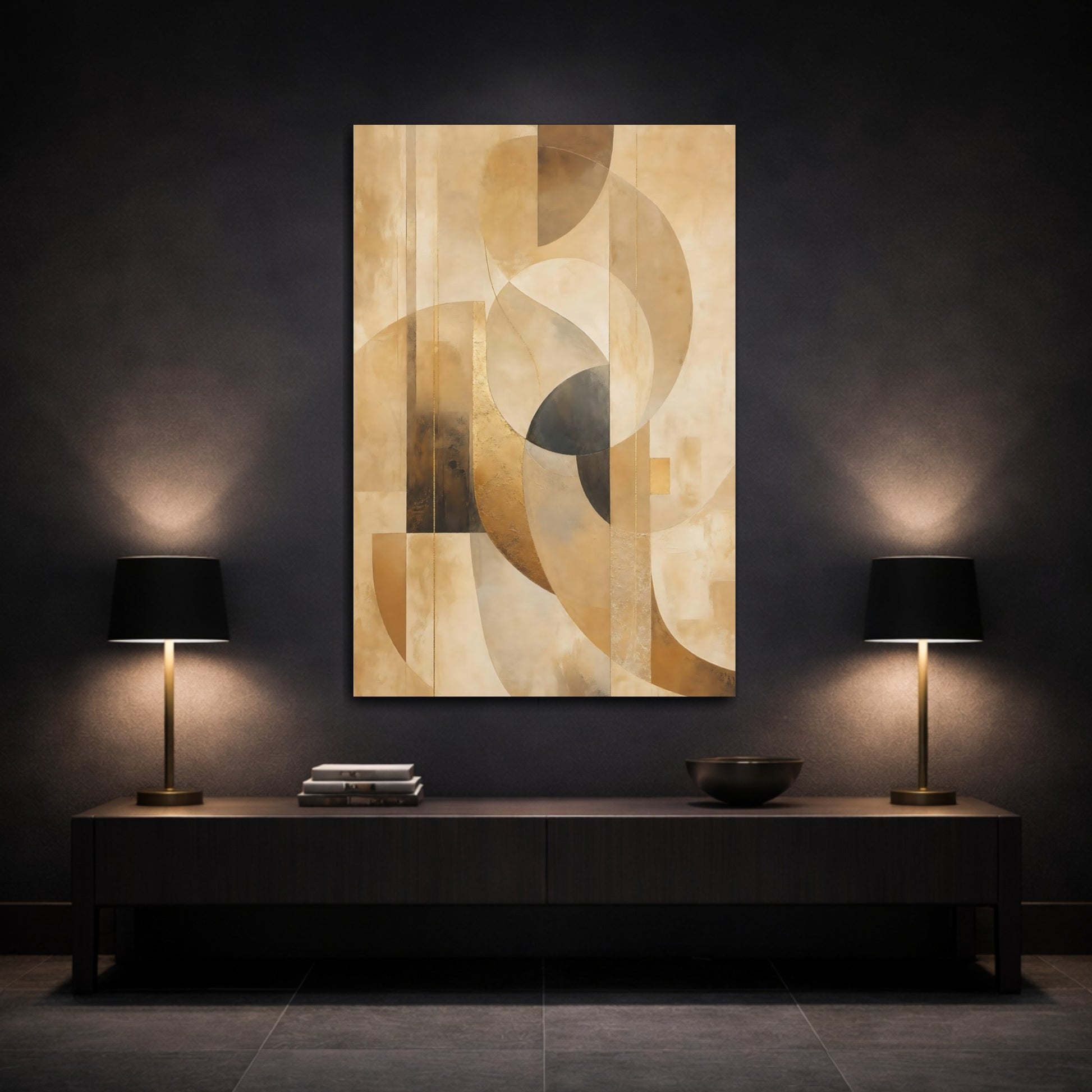 Mockup 3. Abstract Abstract Shapes Brown And Gold shown as stretched canvas wall art