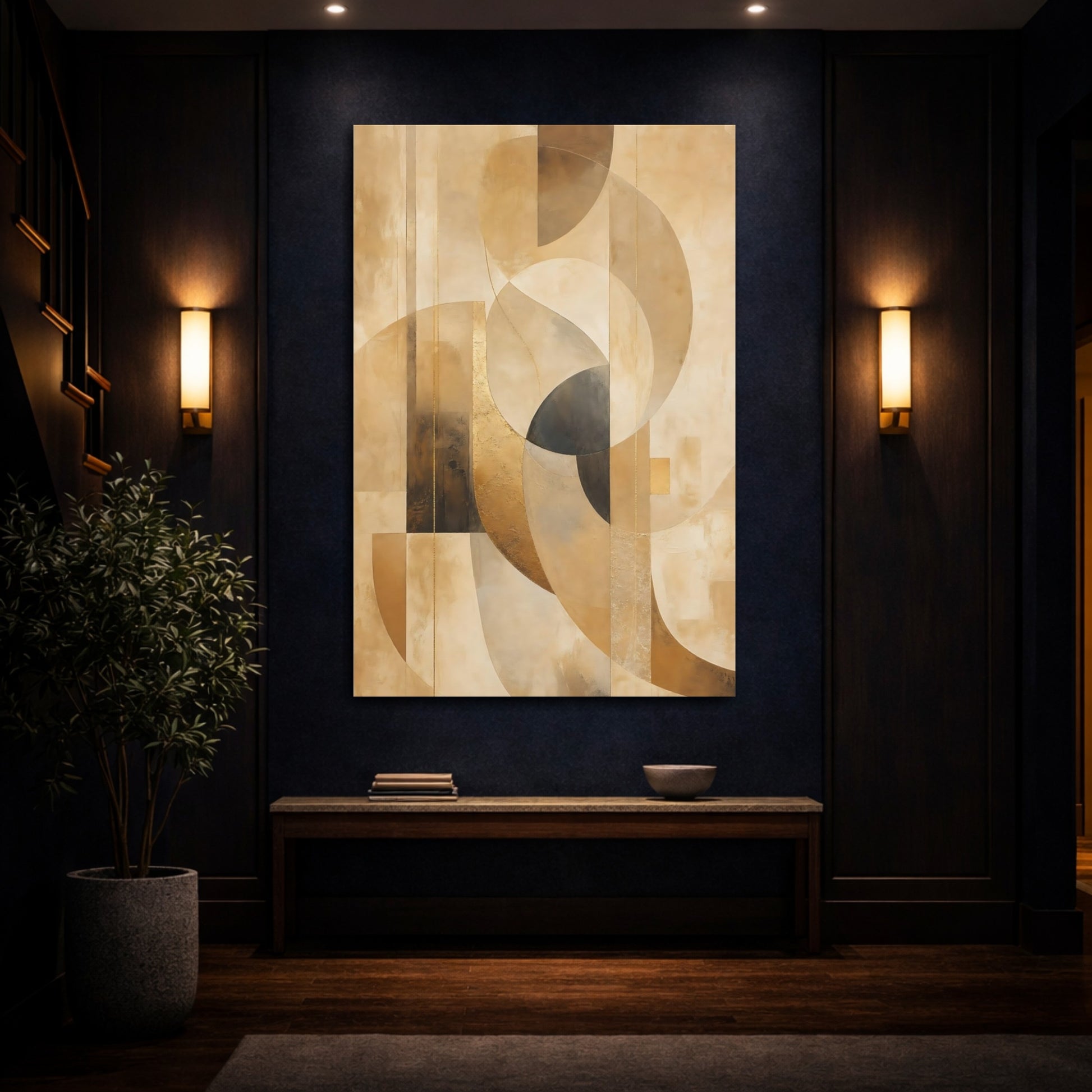 Mockup 4. Abstract Abstract Shapes Brown And Gold shown as stretched canvas wall art