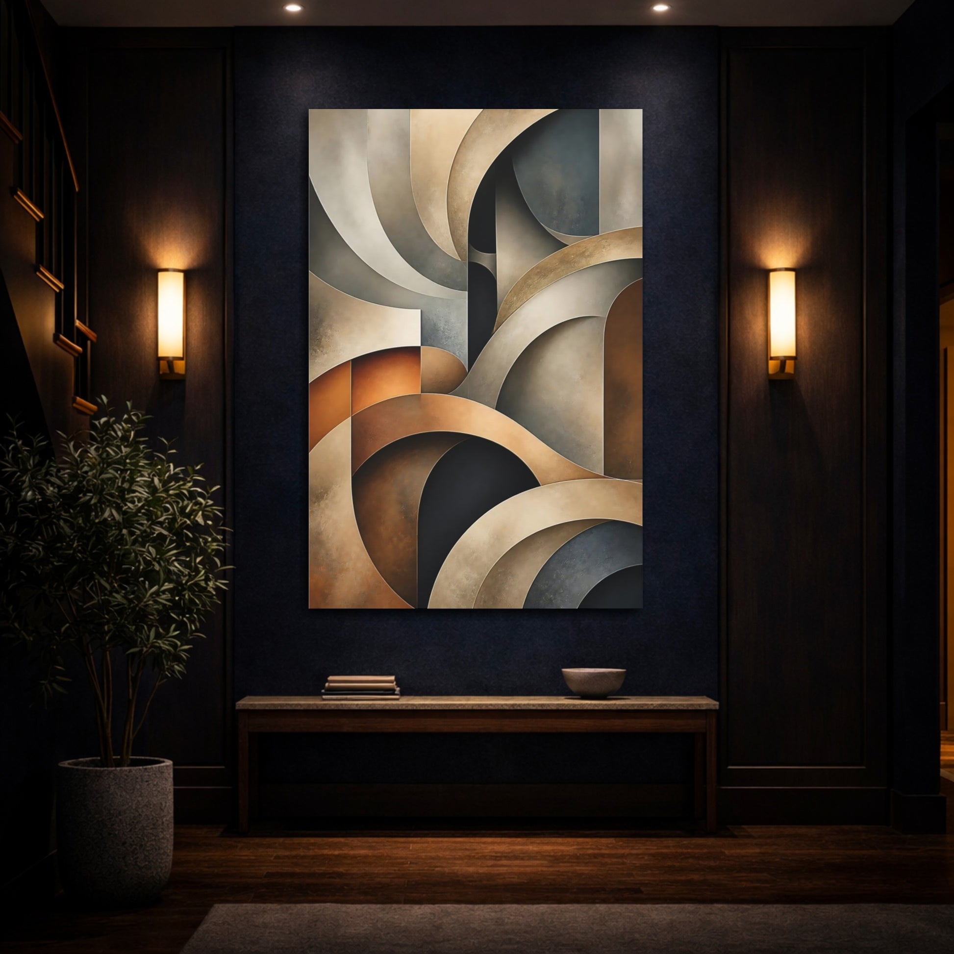 Mockup 4. Abstract Abstract Shapes Brown And Gray shown as stretched canvas wall art