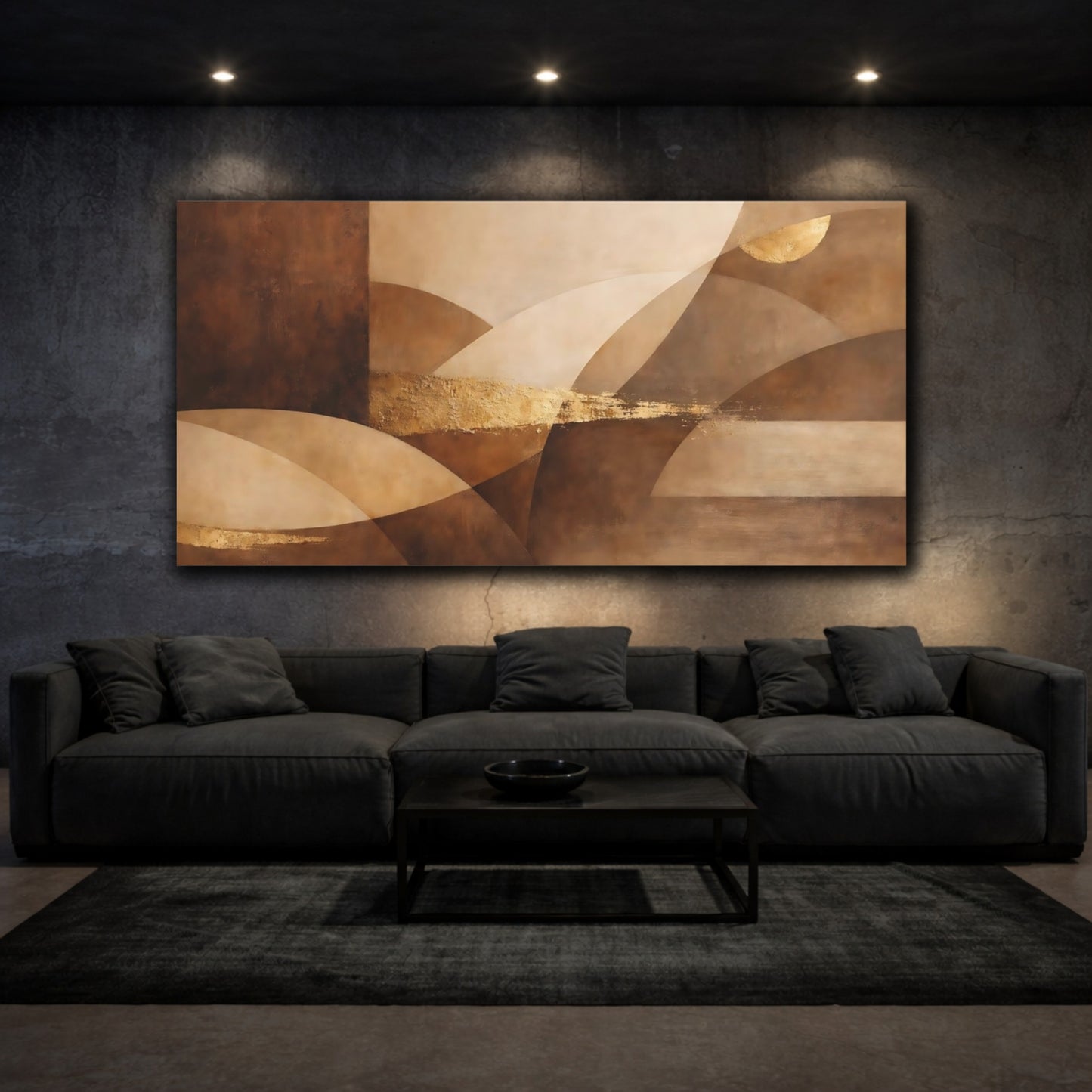 Mockup 2. Abstract Abstract Shapes Brown Gold Abstract shown as stretched canvas wall art