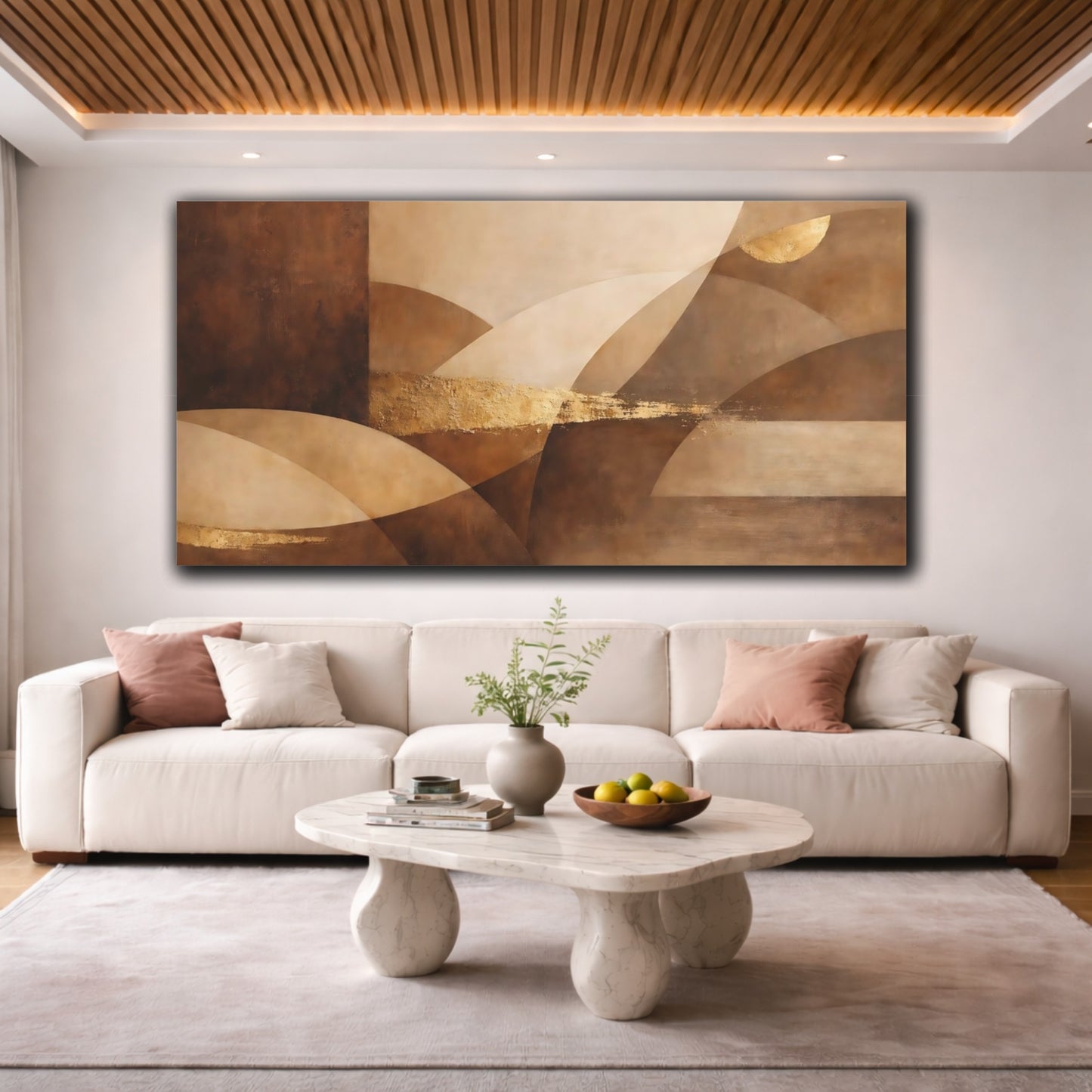 Mockup 3. Abstract Abstract Shapes Brown Gold Abstract shown as stretched canvas wall art