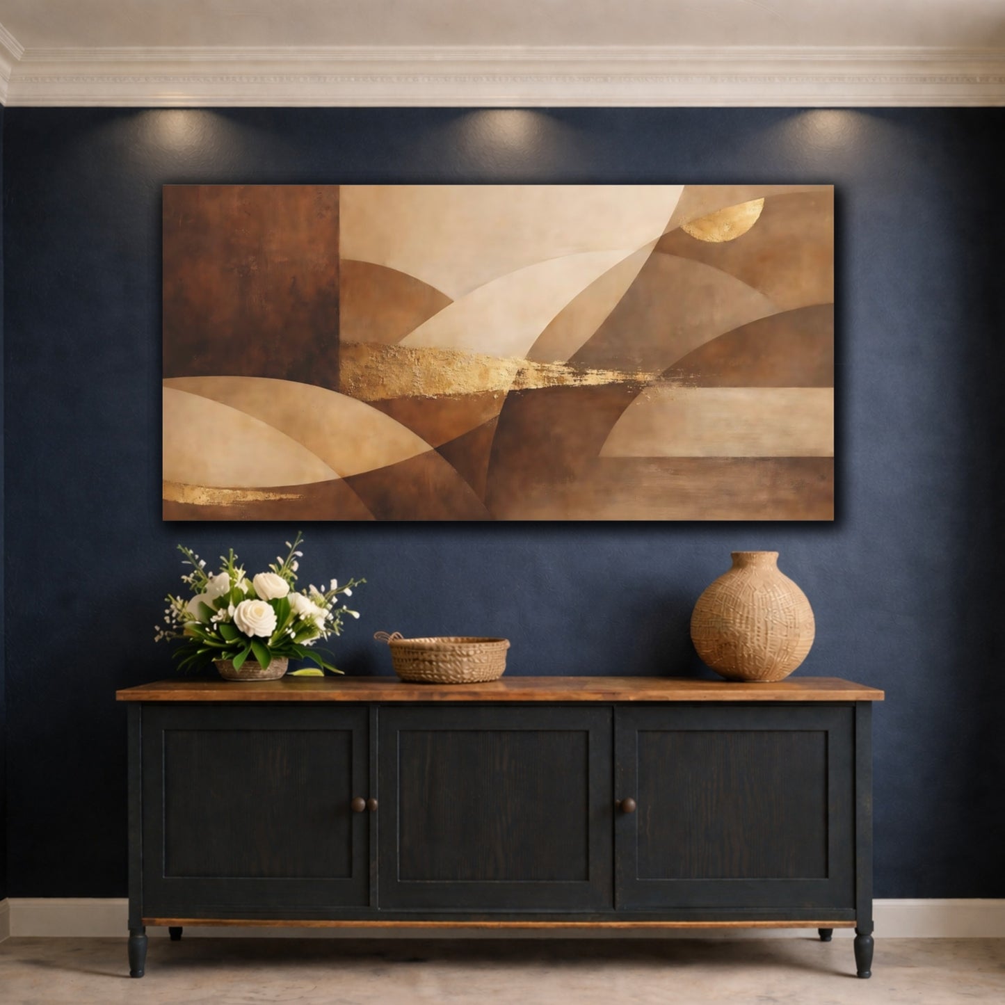 Mockup 4. Abstract Abstract Shapes Brown Gold Abstract shown as stretched canvas wall art