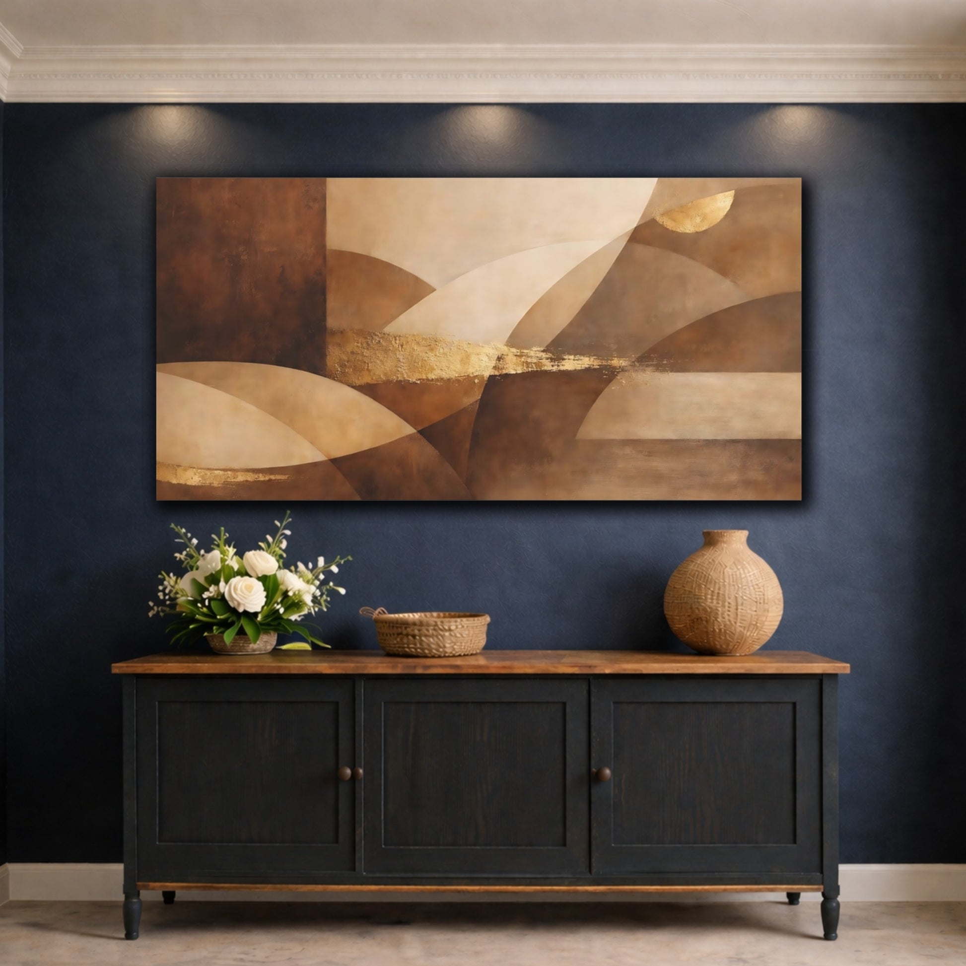 Mockup 4. Abstract Abstract Shapes Brown Gold Abstract shown as stretched canvas wall art