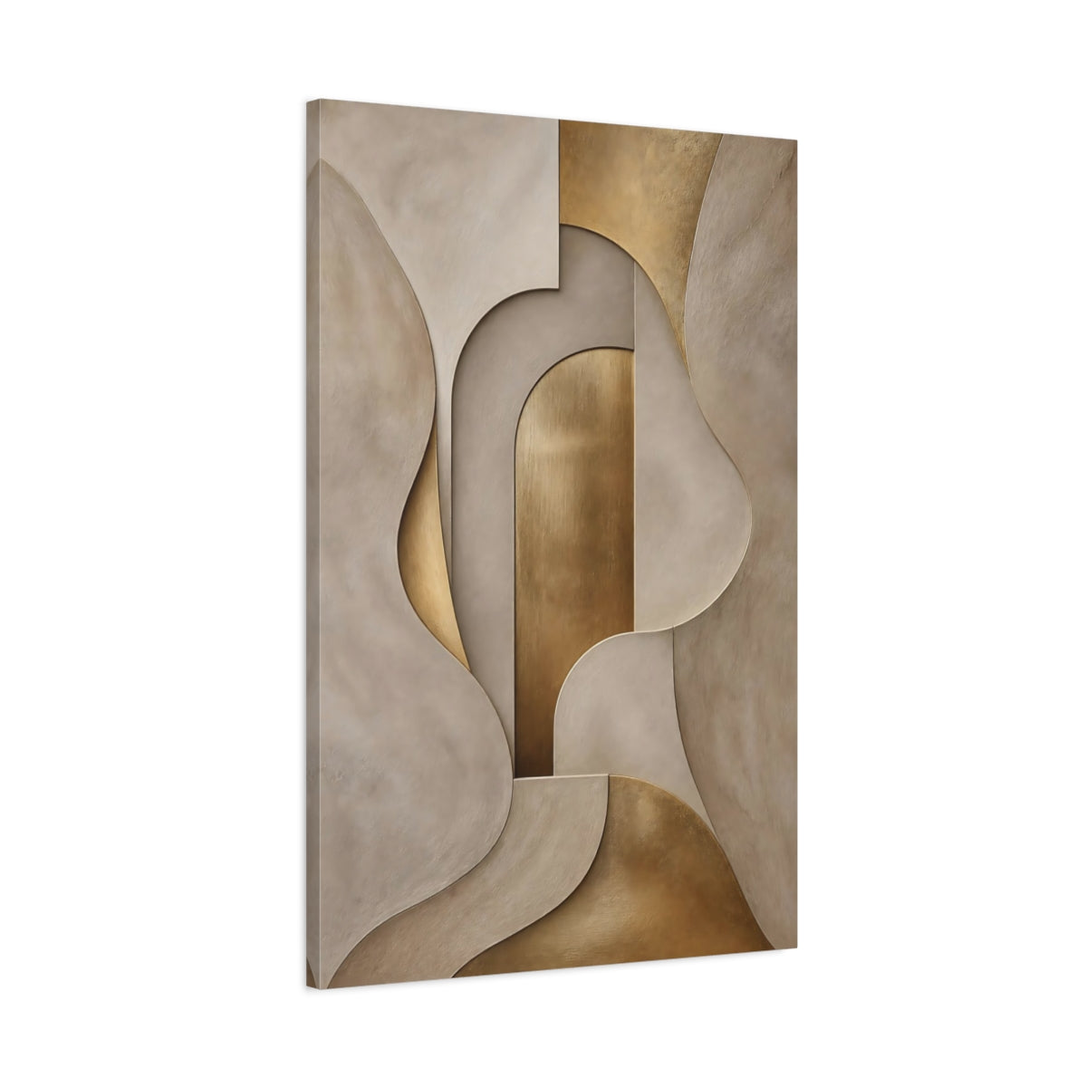 Main Mockup. Abstract Abstract Shapes Gold And Beige shown as stretched canvas wall art
