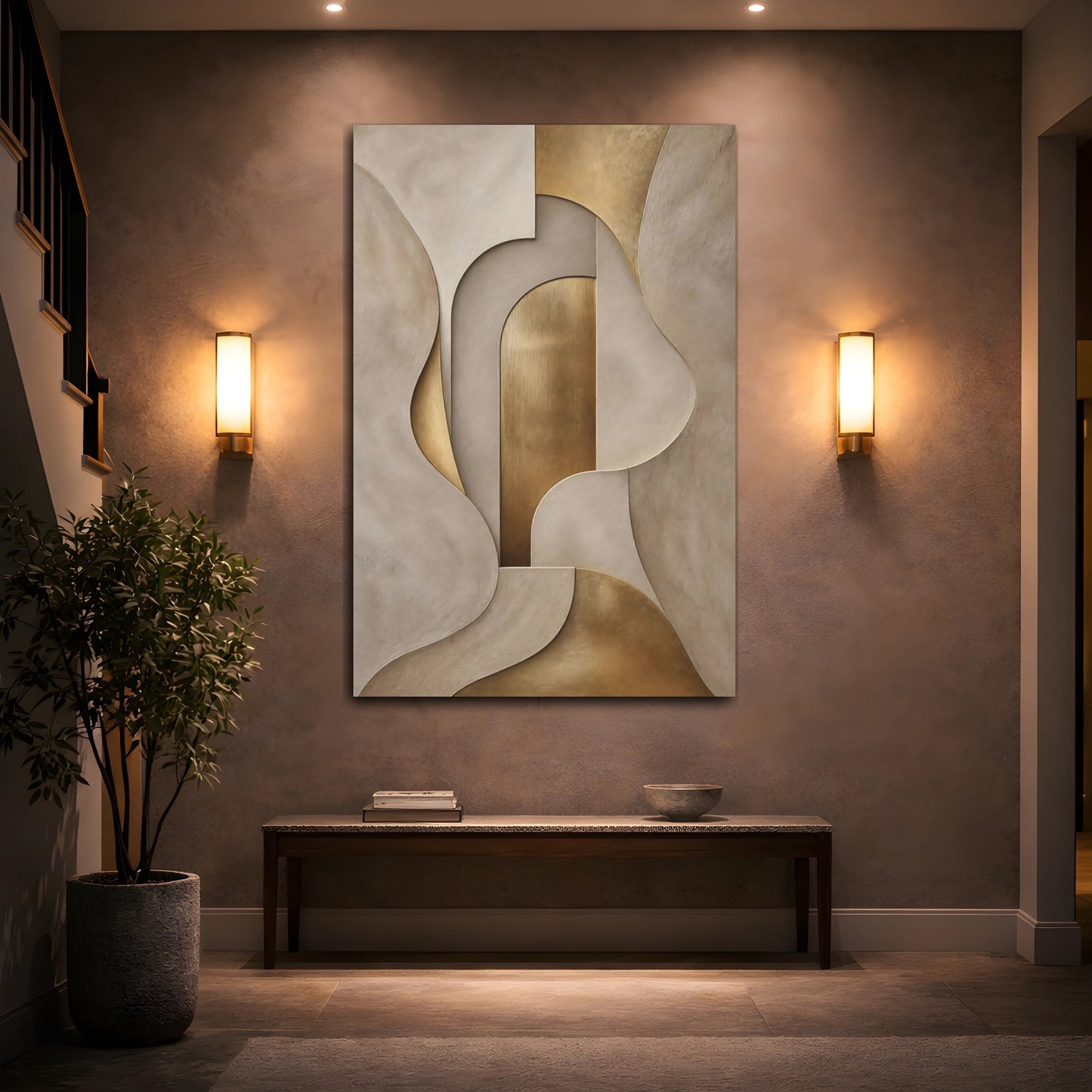 Mockup 2. Abstract Abstract Shapes Gold And Beige shown as stretched canvas wall art