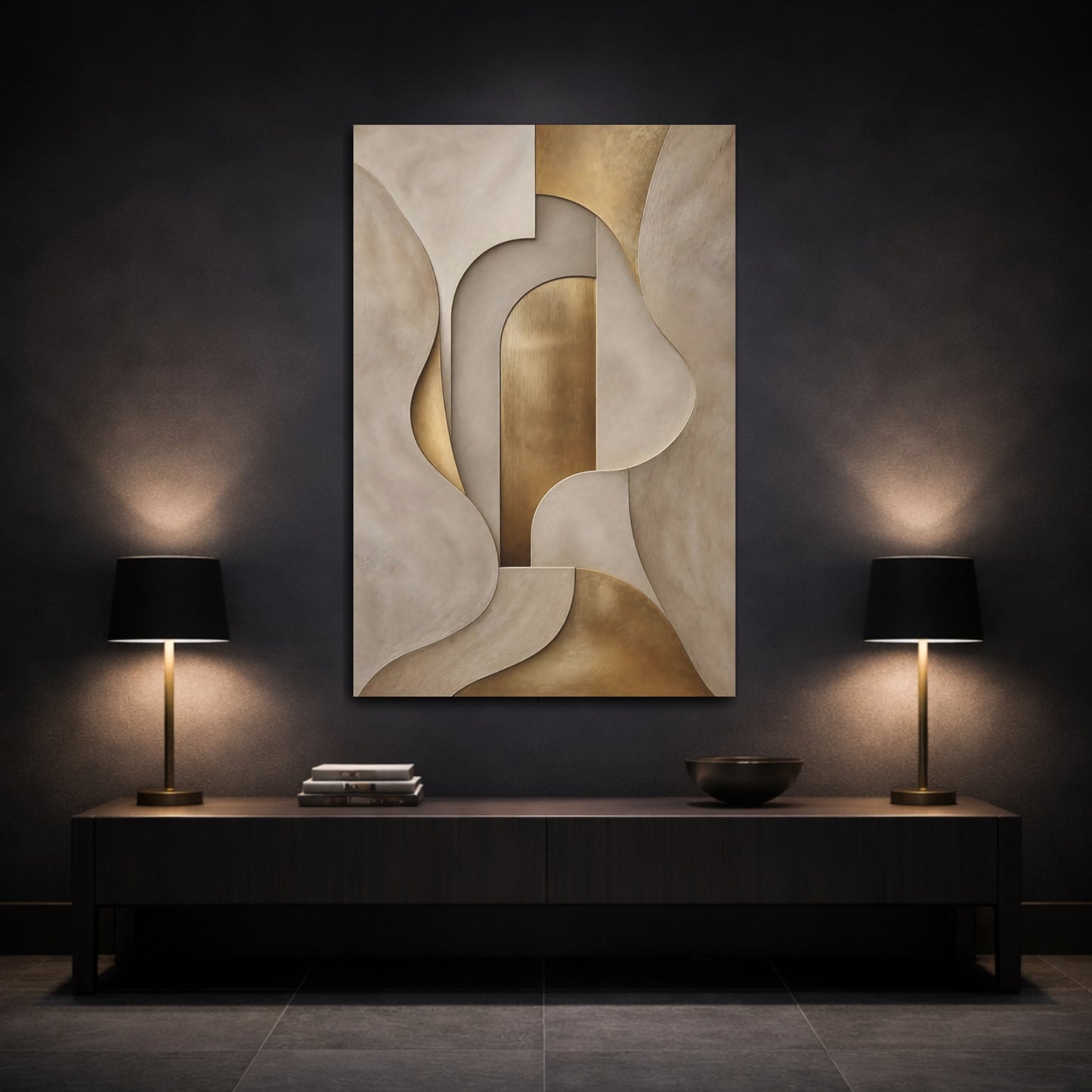 Mockup 3. Abstract Abstract Shapes Gold And Beige shown as stretched canvas wall art