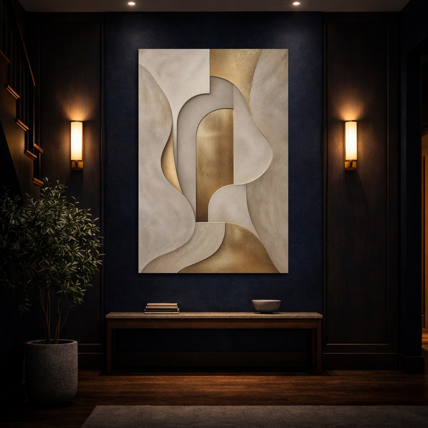 Mockup 4. Abstract Abstract Shapes Gold And Beige shown as stretched canvas wall art