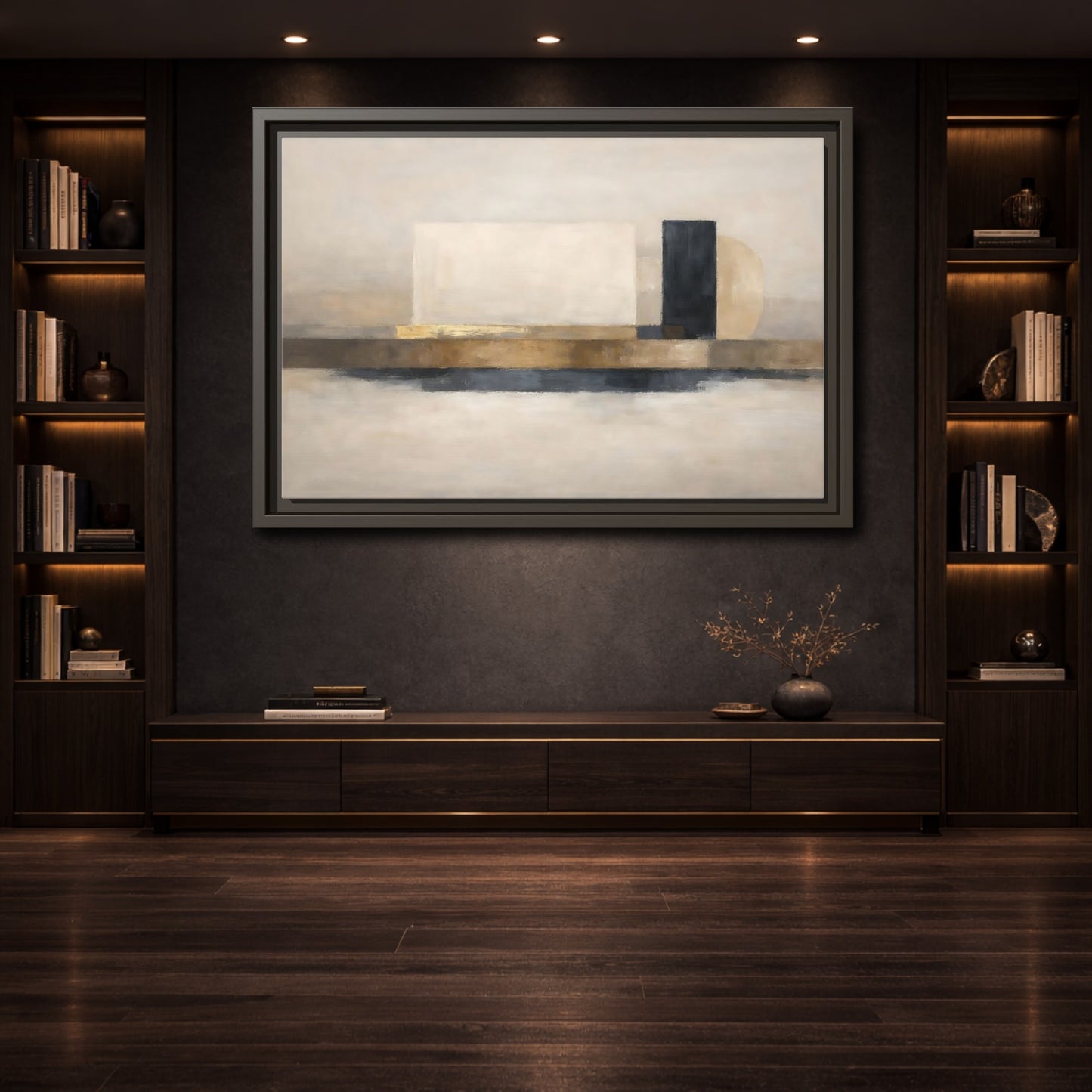 Mockup 3. Abstract Abstract Shapes Gold Neutral Abstract shown as stretched canvas wall art