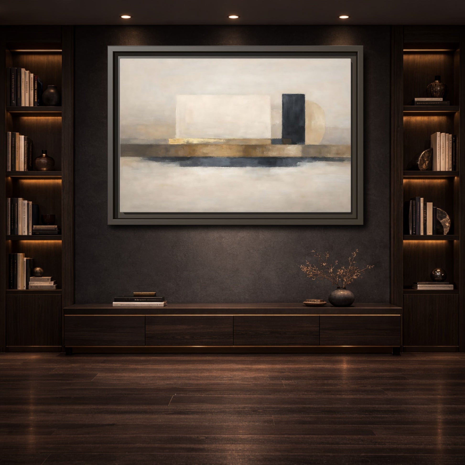 Mockup 3. Abstract Abstract Shapes Gold Neutral Abstract shown as stretched canvas wall art