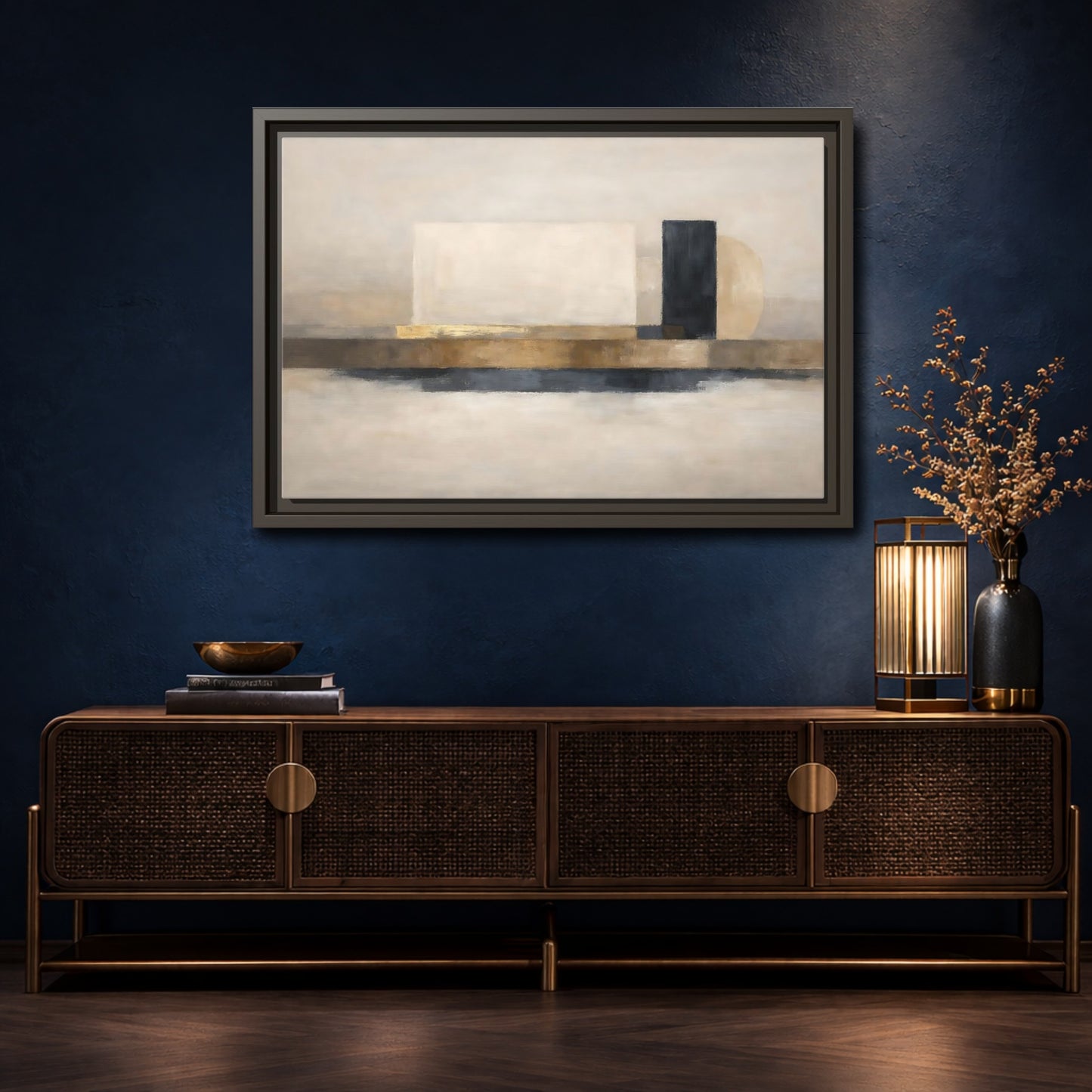 Mockup 4. Abstract Abstract Shapes Gold Neutral Abstract shown as stretched canvas wall art