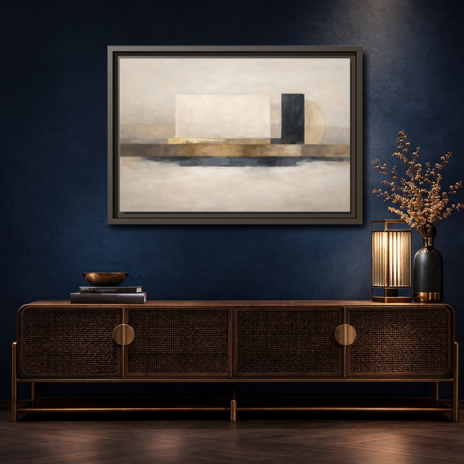 Mockup 4. Abstract Abstract Shapes Gold Neutral Abstract shown as stretched canvas wall art