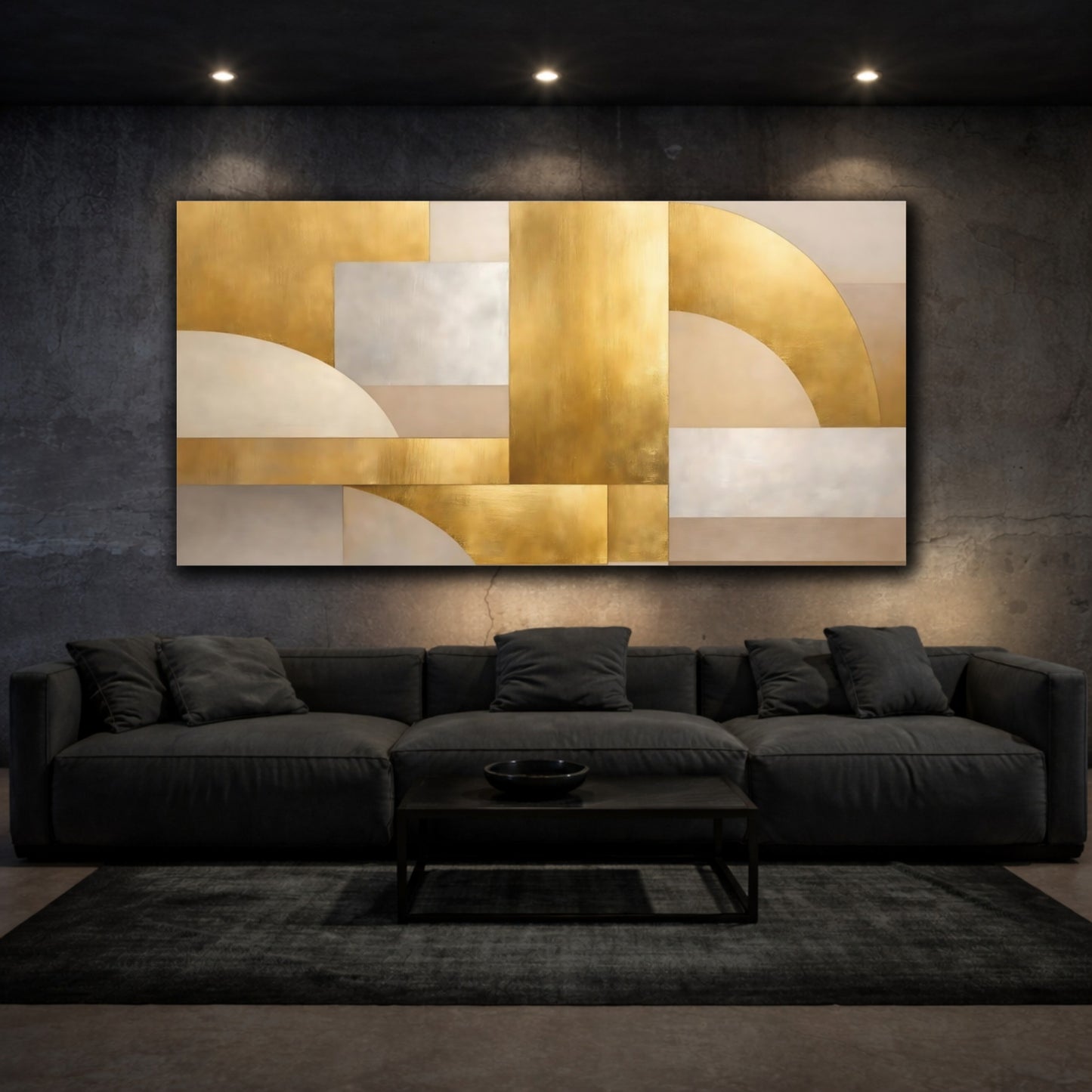 Mockup 2. Abstract Abstract Shapes Gold Silver Abstract shown as stretched canvas wall art