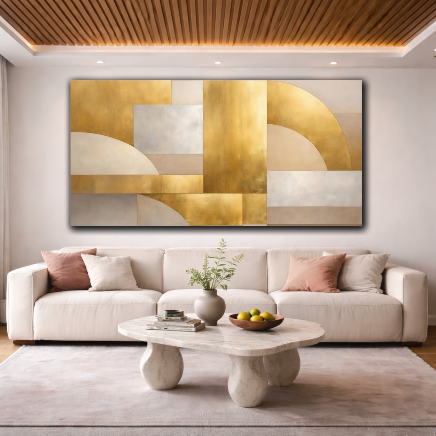 Mockup 3. Abstract Abstract Shapes Gold Silver Abstract shown as stretched canvas wall art