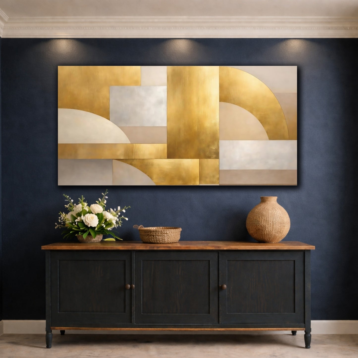 Mockup 4. Abstract Abstract Shapes Gold Silver Abstract shown as stretched canvas wall art