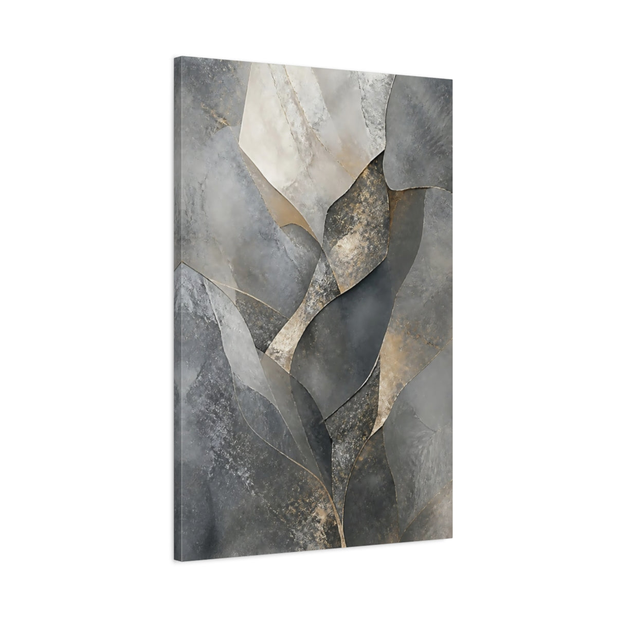Main Mockup. Abstract Abstract Shapes Gray And Gold shown as stretched canvas wall art