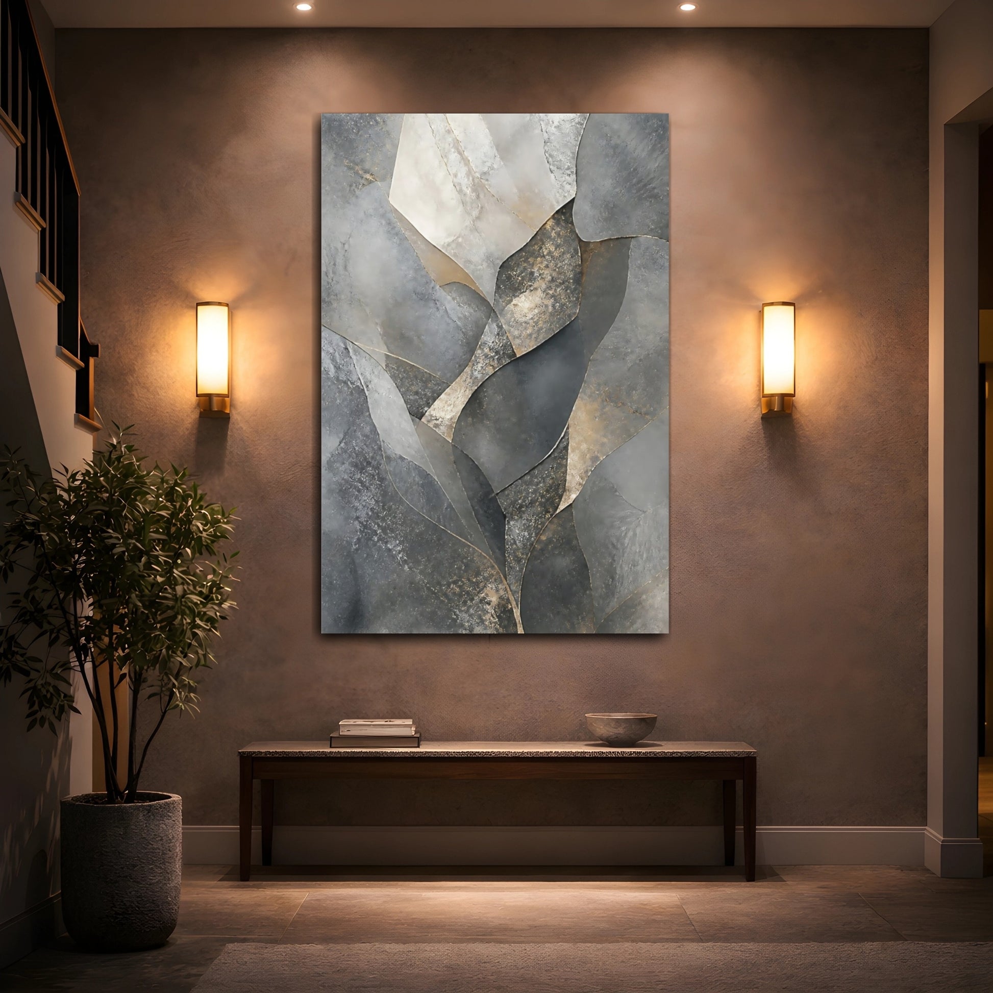 Mockup 2. Abstract Abstract Shapes Gray And Gold shown as stretched canvas wall art