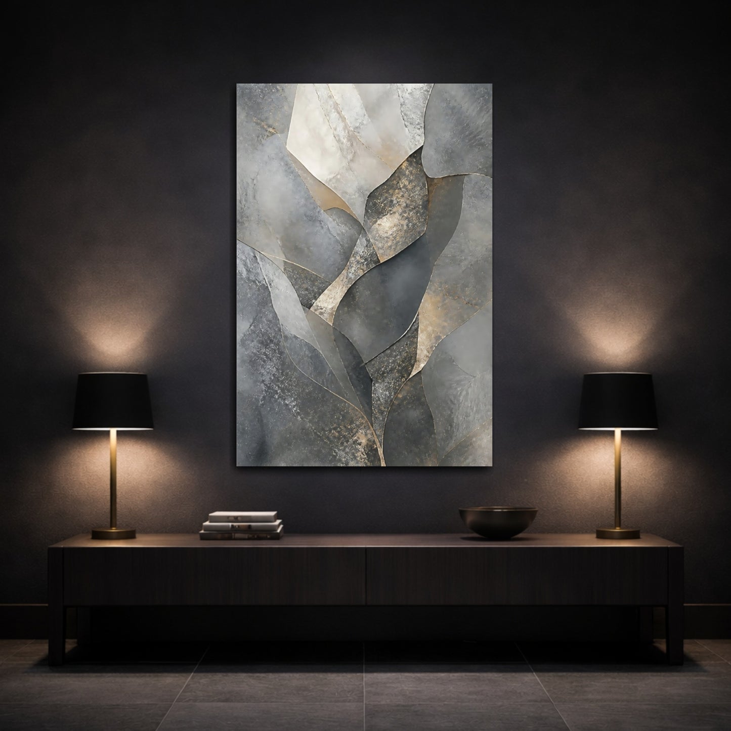 Mockup 3. Abstract Abstract Shapes Gray And Gold shown as stretched canvas wall art