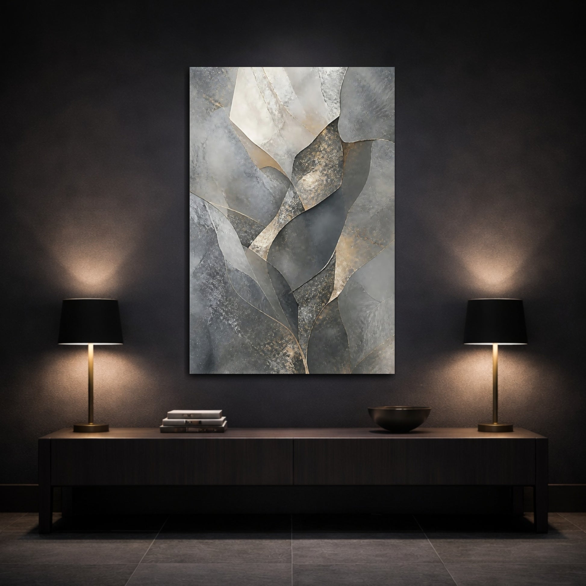 Mockup 3. Abstract Abstract Shapes Gray And Gold shown as stretched canvas wall art