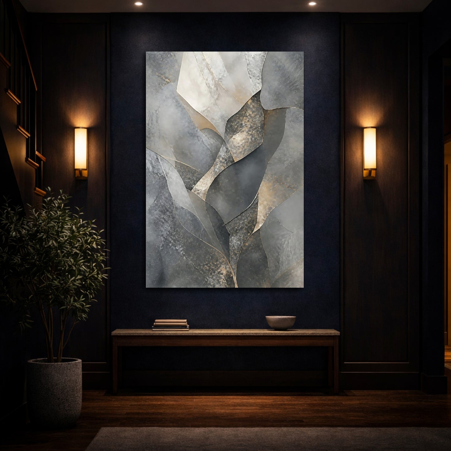 Mockup 4. Abstract Abstract Shapes Gray And Gold shown as stretched canvas wall art