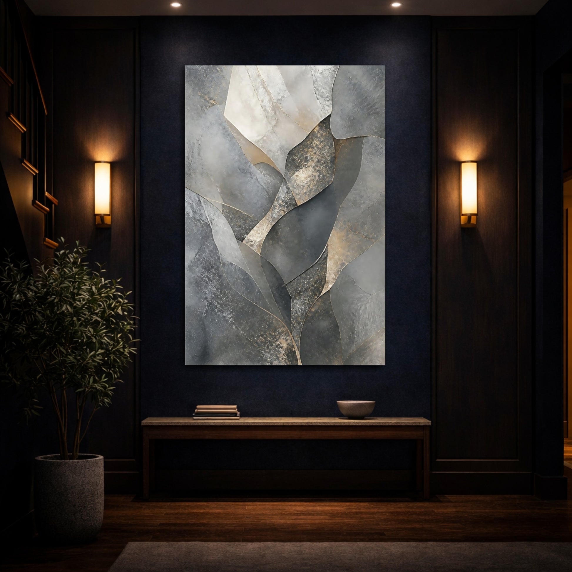 Mockup 4. Abstract Abstract Shapes Gray And Gold shown as stretched canvas wall art