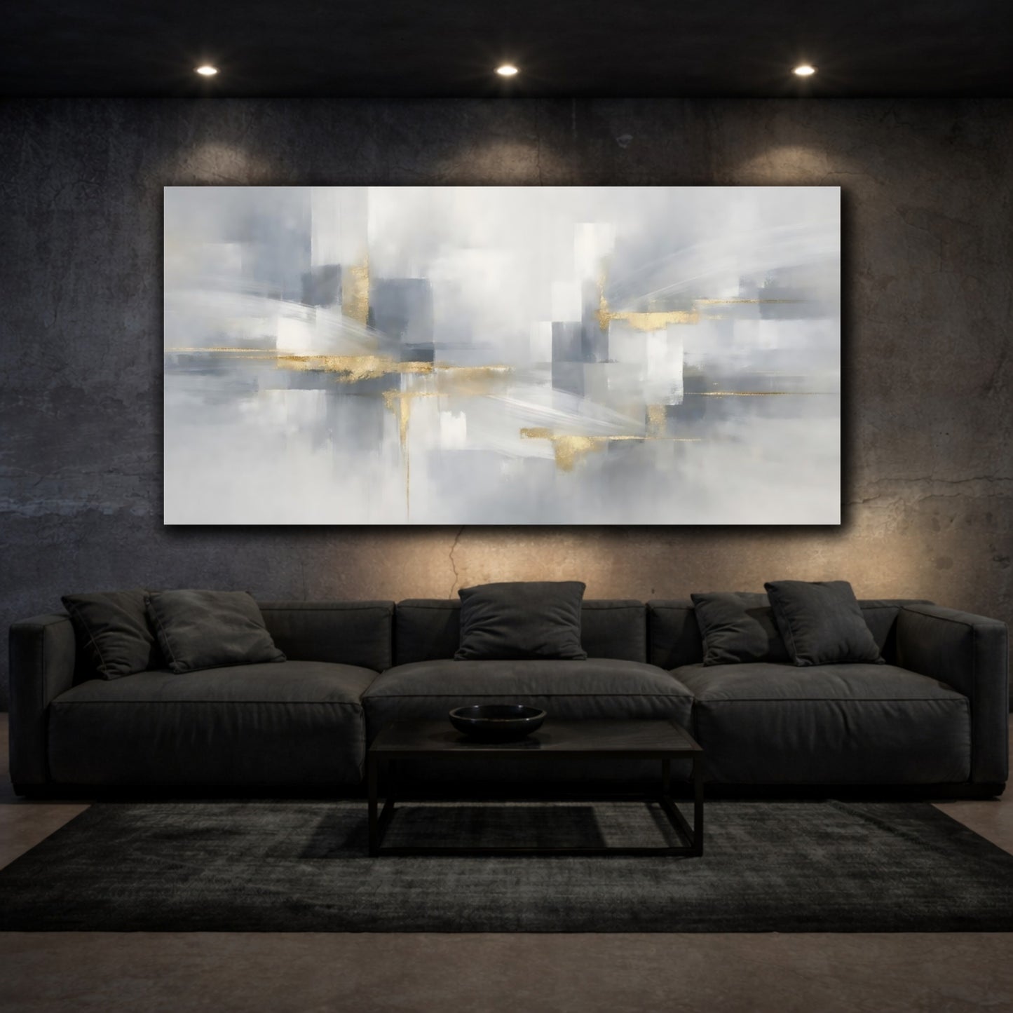 Mockup 2. Abstract Abstract Shapes Gray Gold Abstract shown as stretched canvas wall art