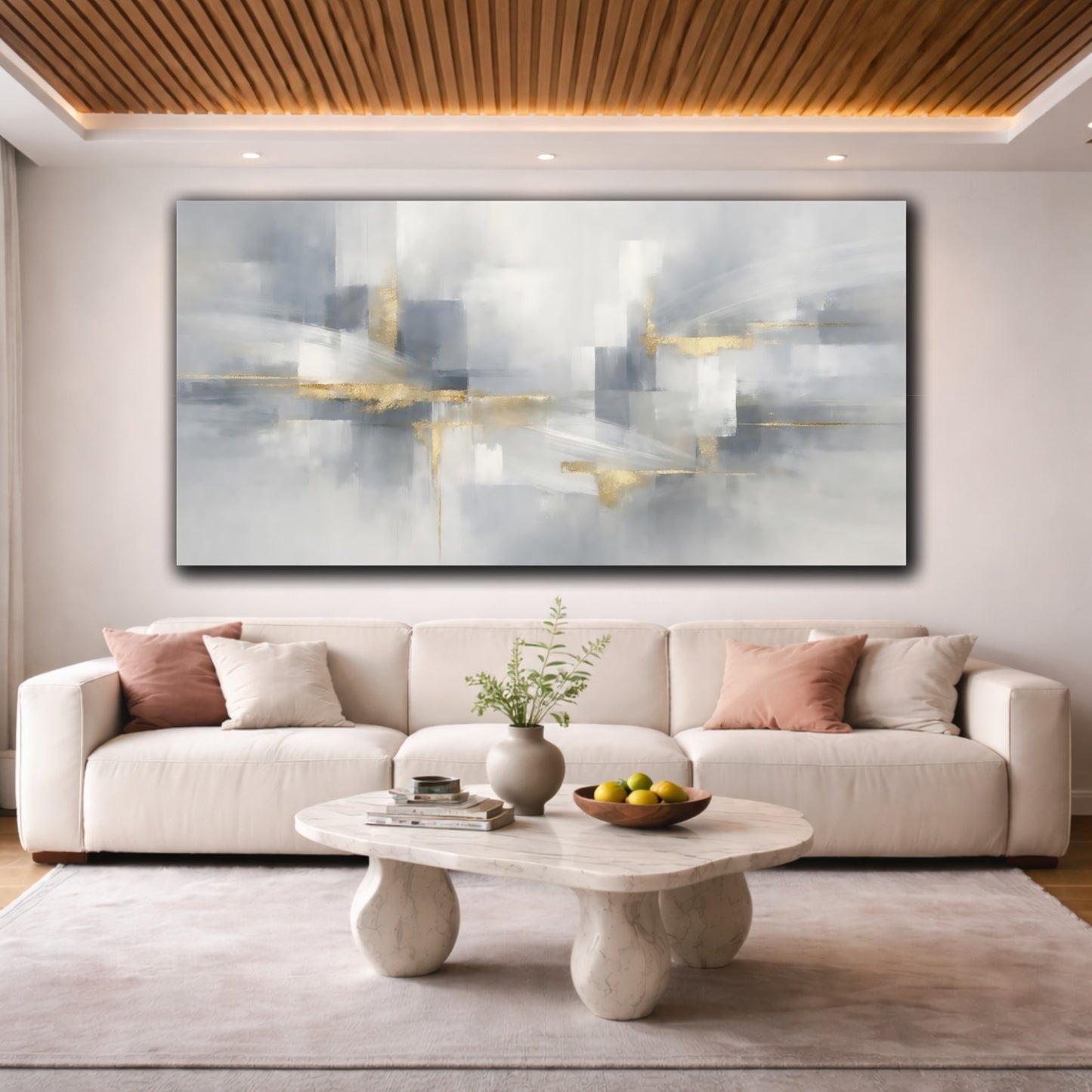 Mockup 3. Abstract Abstract Shapes Gray Gold Abstract shown as stretched canvas wall art